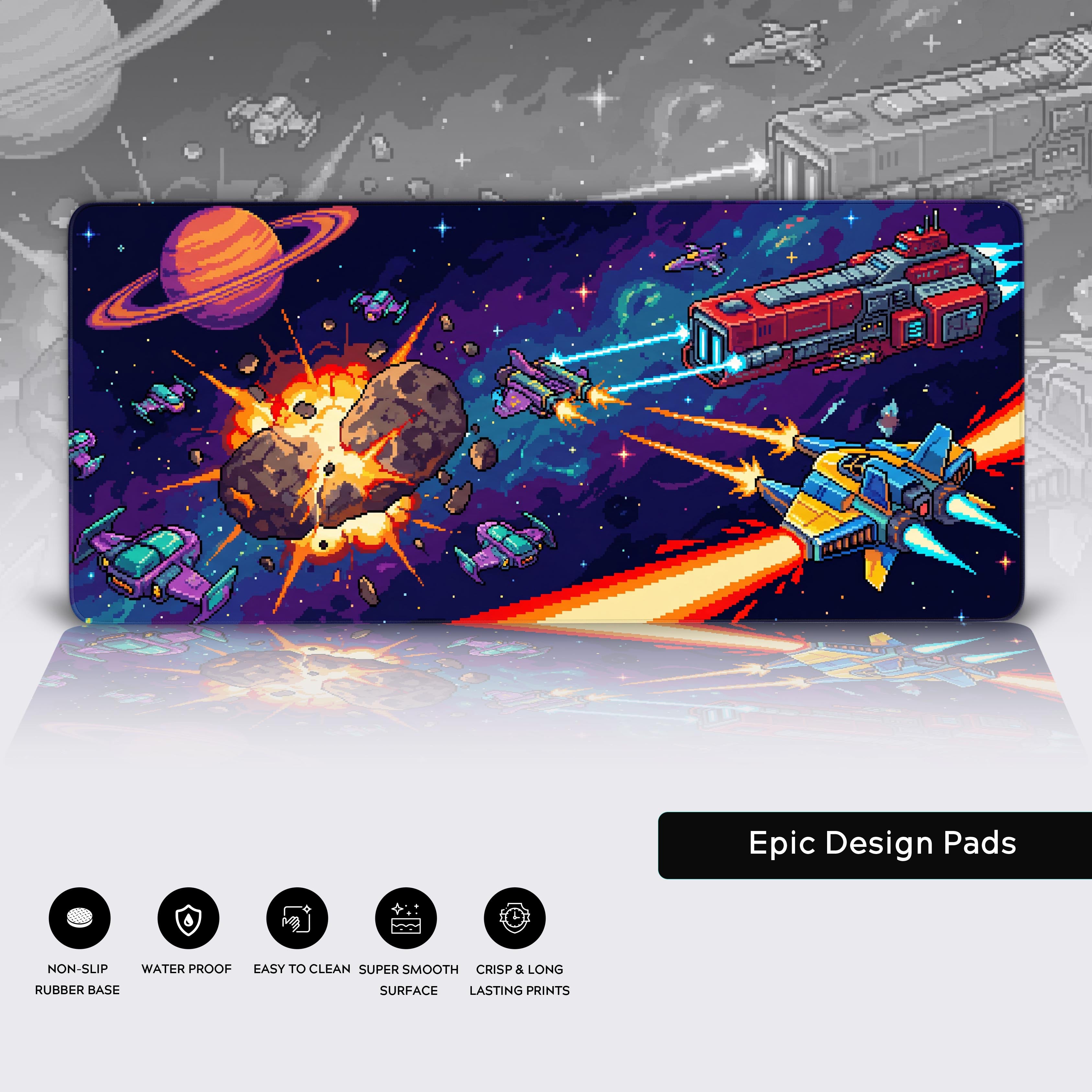 Galaxy Battle gaming desk mat showcasing stitched edges, non-slip base, and water-resistant pixel art surface. - Epic Design Pads & Mousepads