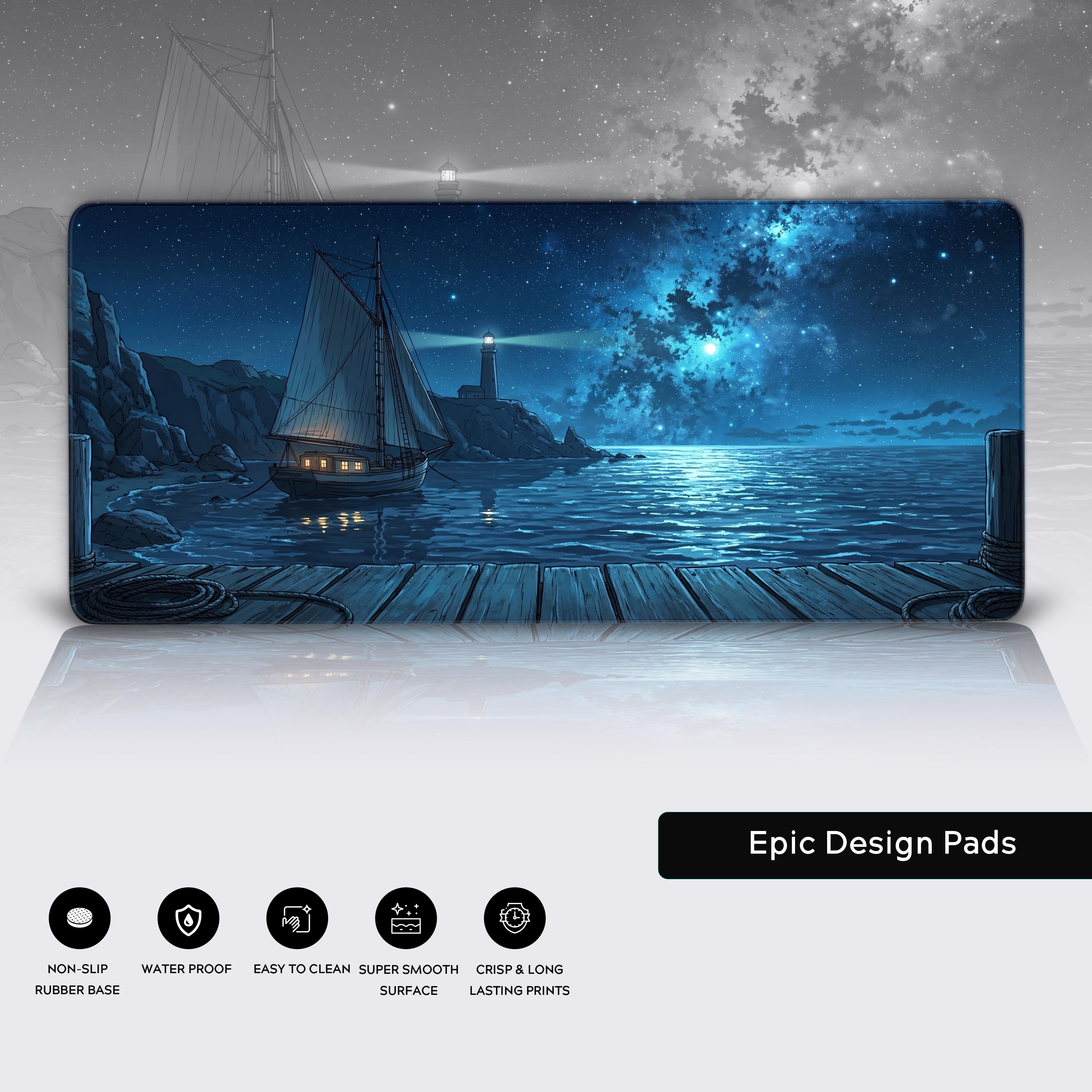 A close-up of the Celestial Harbor desk mat highlighting the durable stitched edges and smooth, water-resistant surface. The non-slip base of the large gaming mouse pad is also visible. - Epic Design Pads & Mousepads