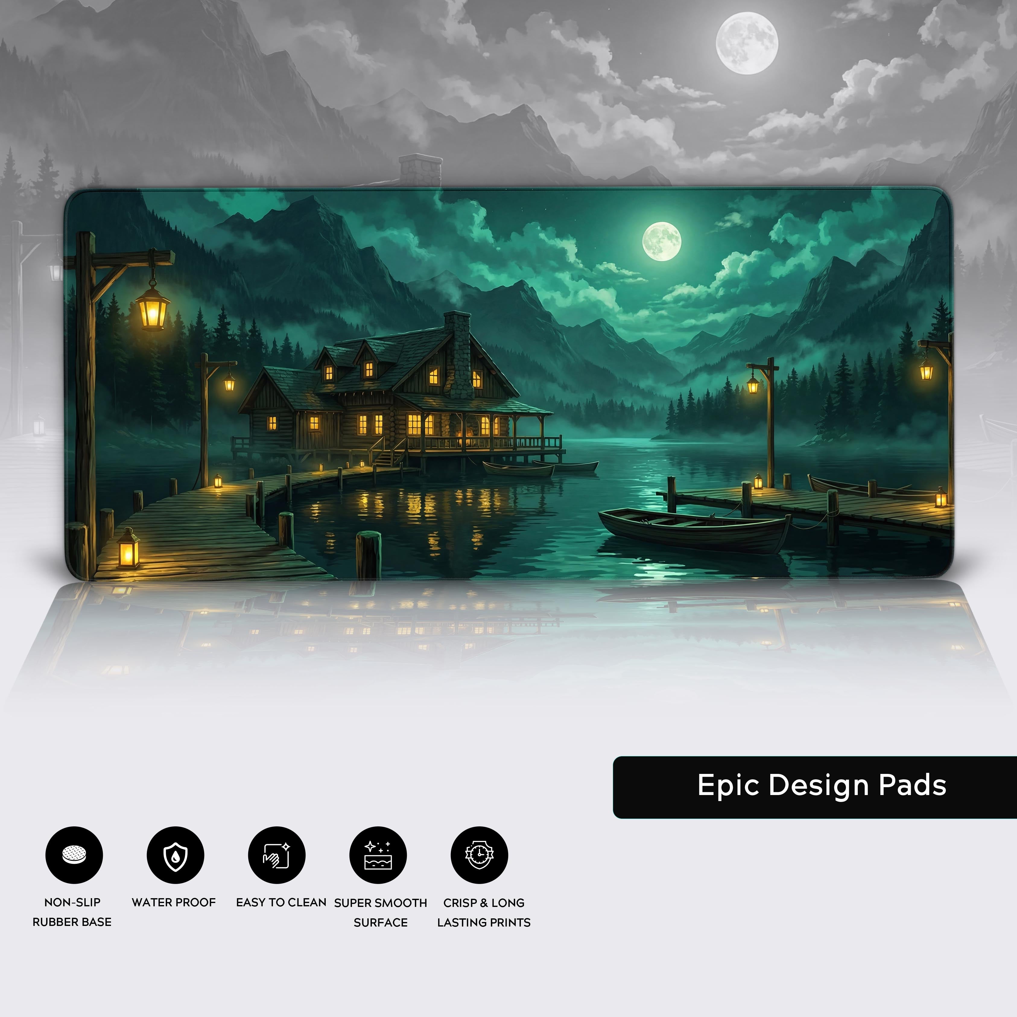 Moonlit cabin desk mat showing durable stitched edges and a non-slip rubber base for a stable workspace. - Epic Design Pads & Mousepads