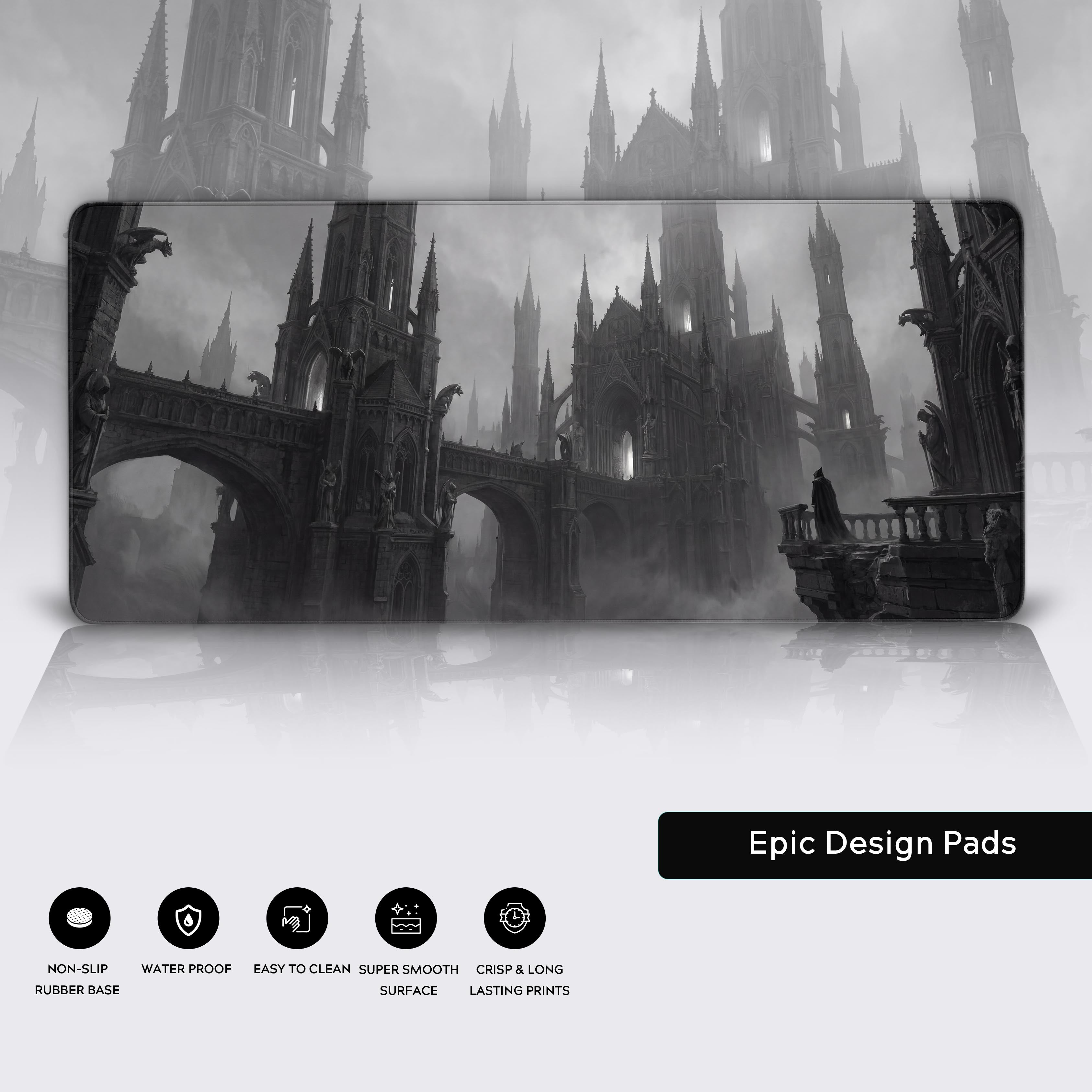Close-up of the Ashen Citadel desk mat, showcasing the durable stitched edges and the non-slip rubber base for stability. - Epic Design Pads & Mousepads