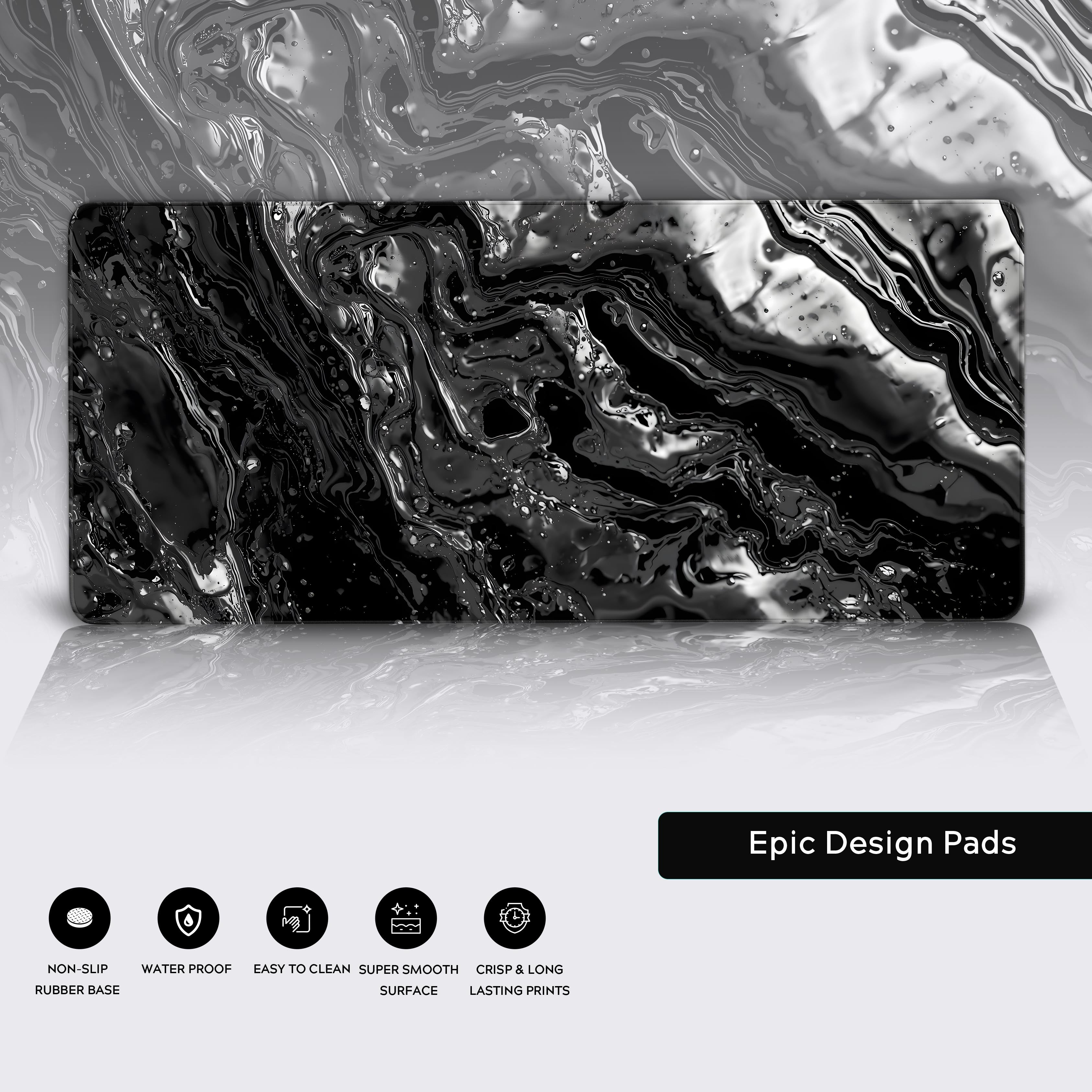 Close-up of the Liquid Metal desk mat showcasing the high-quality stitched edges, water-resistant surface, and non-slip rubber base. - Epic Design Pads & Mousepads
