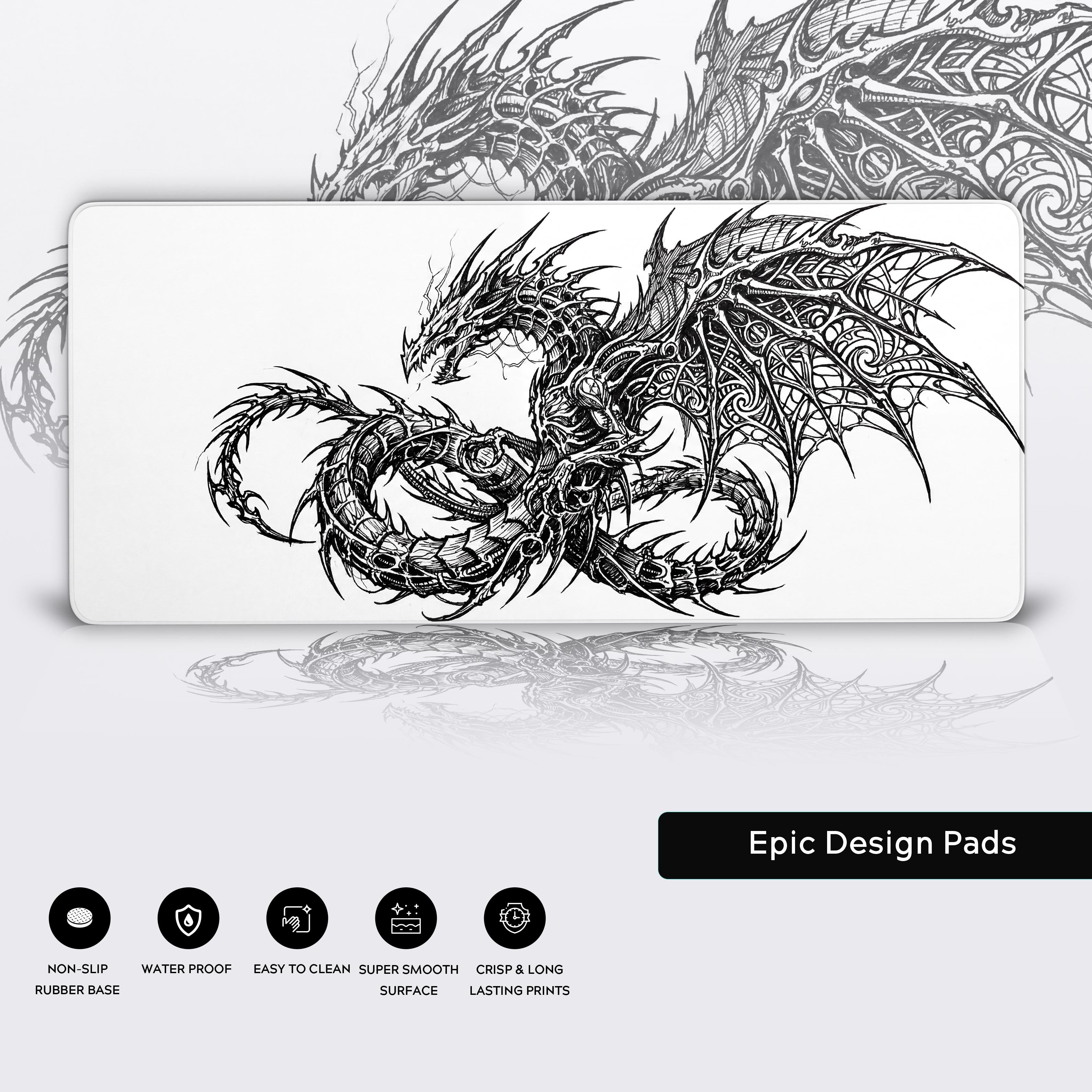 A close-up of the Cyber Wyrm gaming desk mat, highlighting the detailed dragon artwork, premium fabric texture, and durable anti-fray stitched edges. - Epic Design Pads & Mousepads