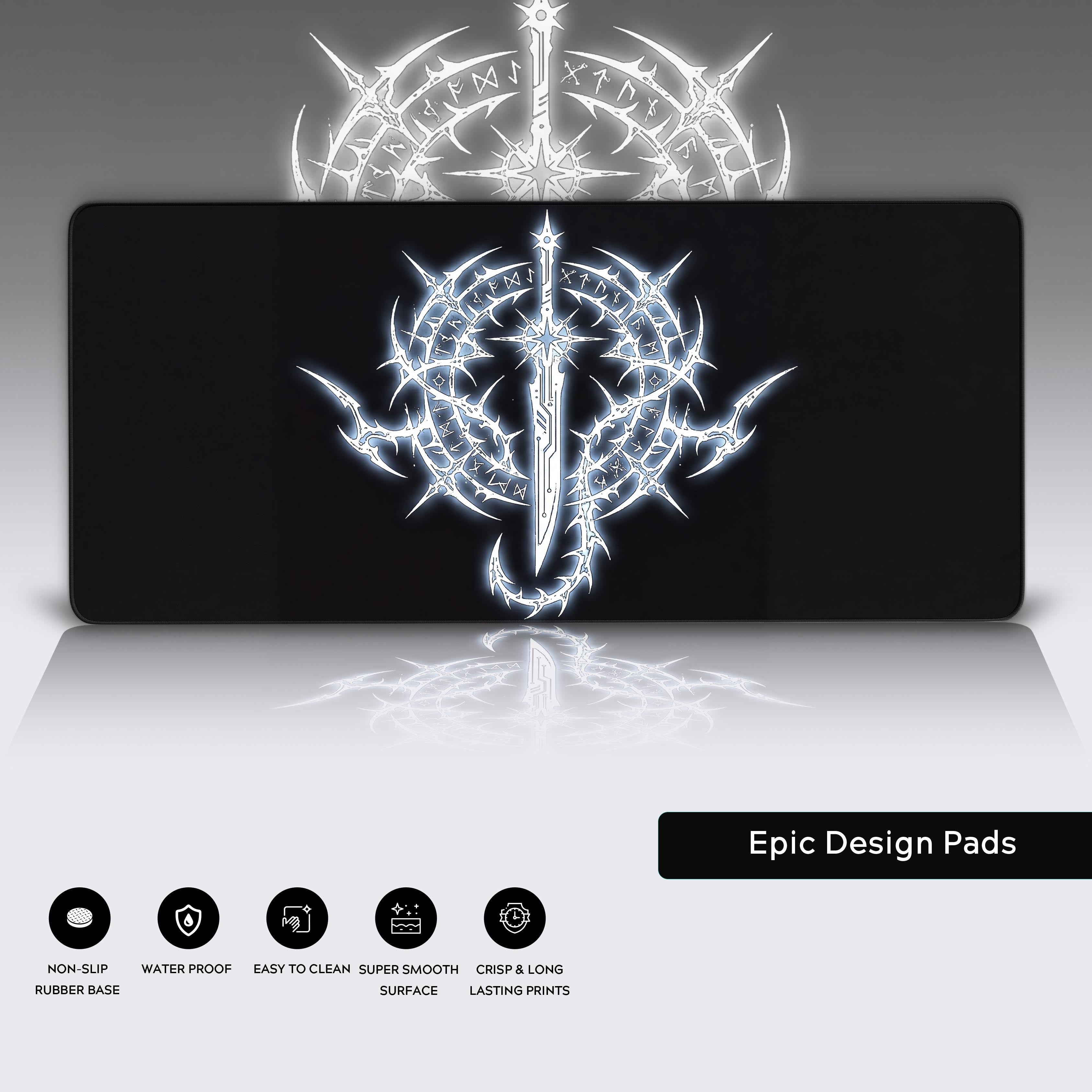 Close-up of the Rune Blade gaming desk mat, highlighting the smooth texture and durable stitched edges surrounding the intricate glowing rune design. - Epic Design Pads & Mousepads