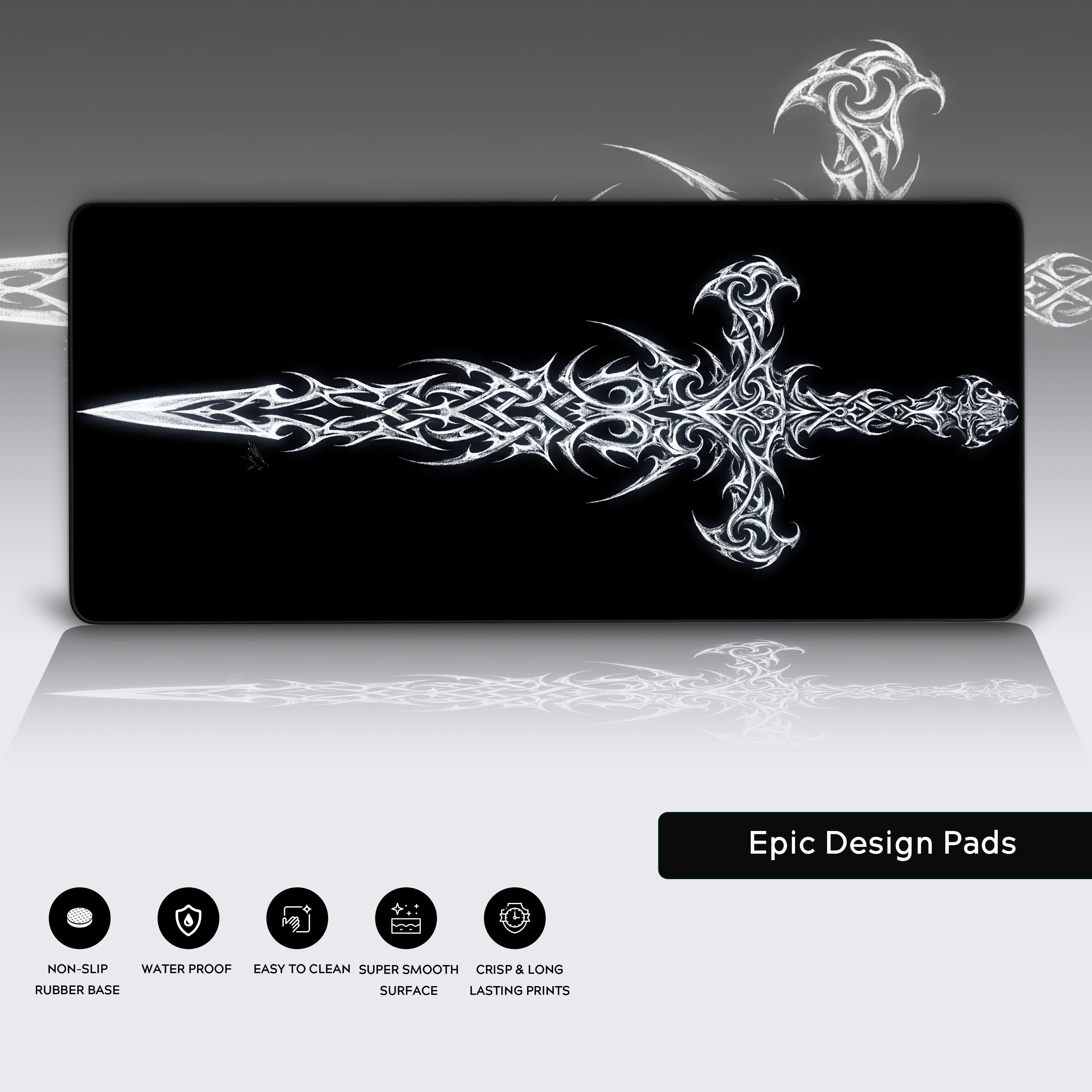 A close-up of the Void Blade gaming desk mat, highlighting the detailed stitched edges and smooth fabric texture of the intricate white sword design on the black surface. - Epic Design Pads & Mousepads