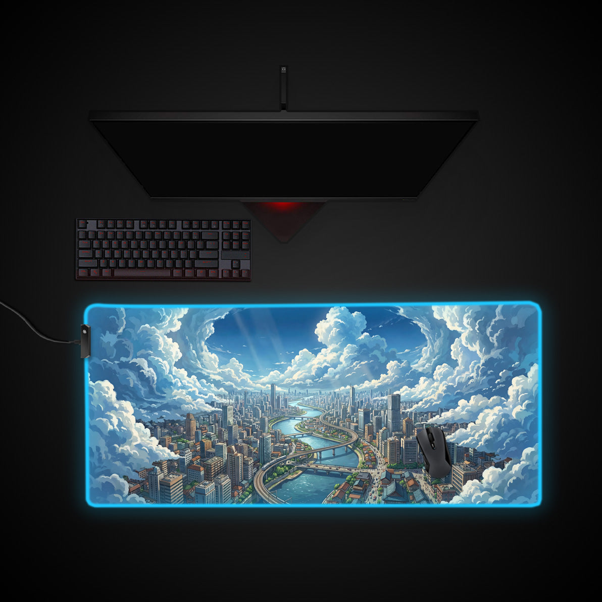 Skybound City desk mat with RGB edge lighting
