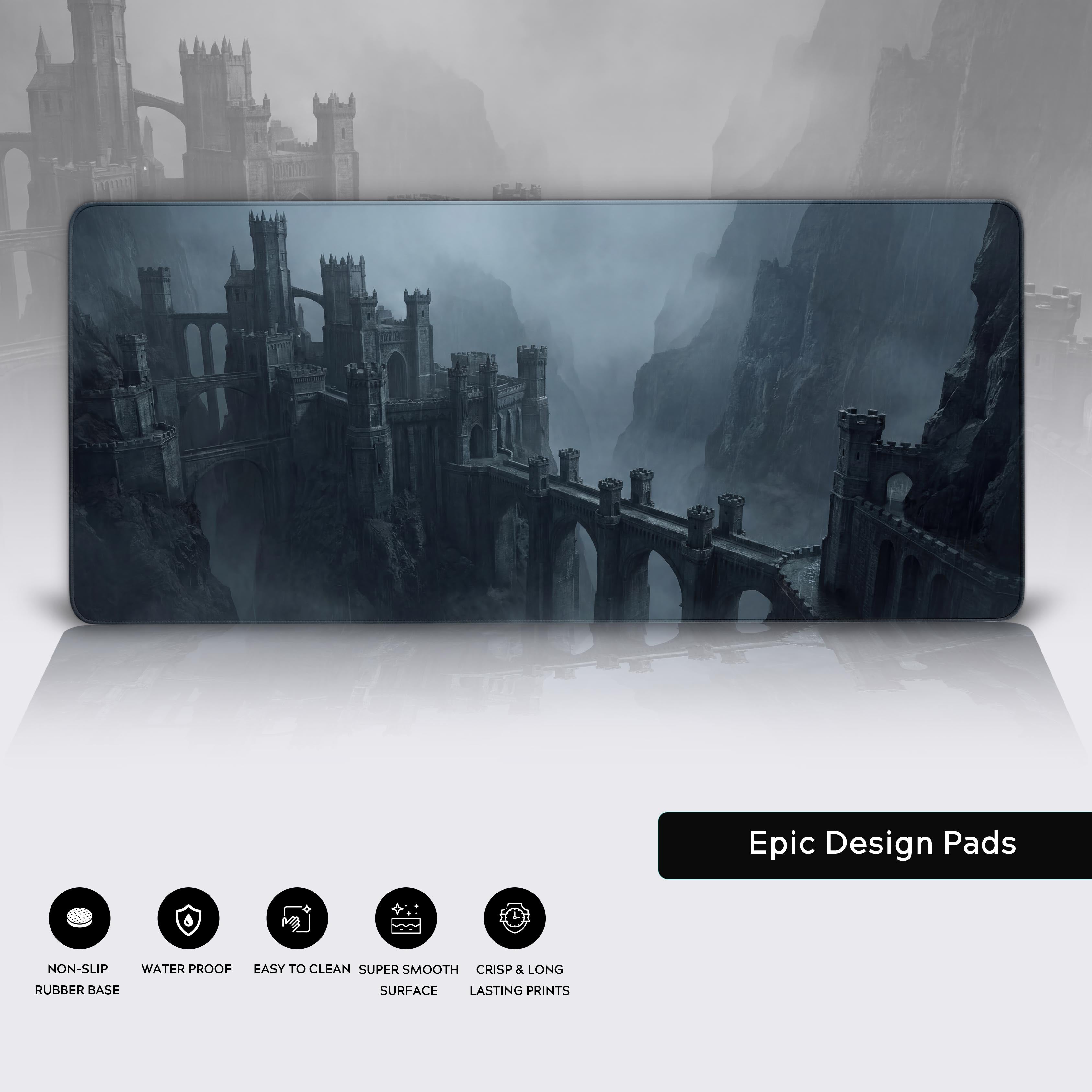 Close-up of the Shadow Fortress gaming desk mat, highlighting the high-quality fabric texture and durable stitched edges of the atmospheric gothic fortress design. - Epic Design Pads & Mousepads