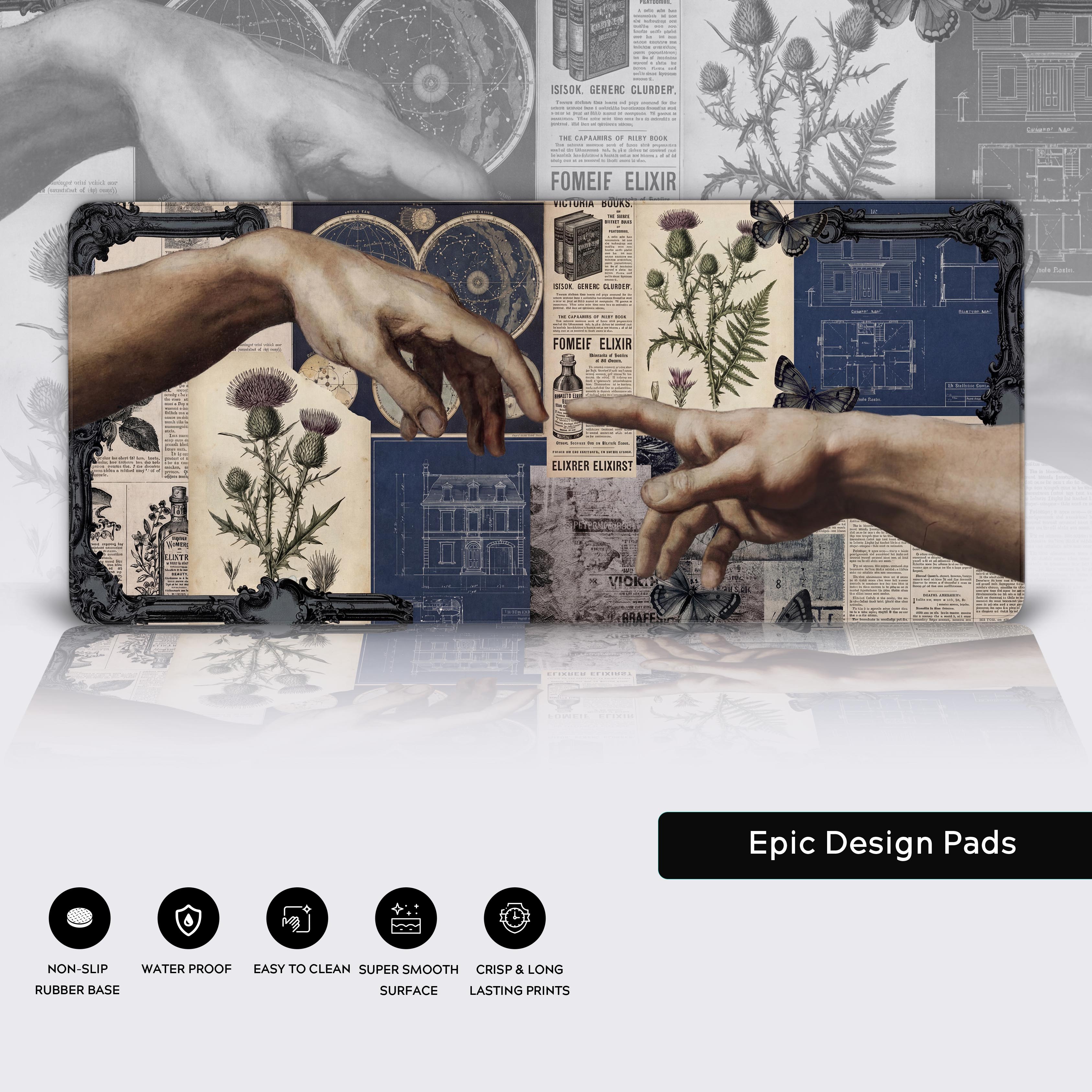 A close-up of the Vintage Creation gaming desk mat's smooth fabric and stitched edges, showcasing the detailed collage of architectural and botanical art. - Epic Design Pads & Mousepads