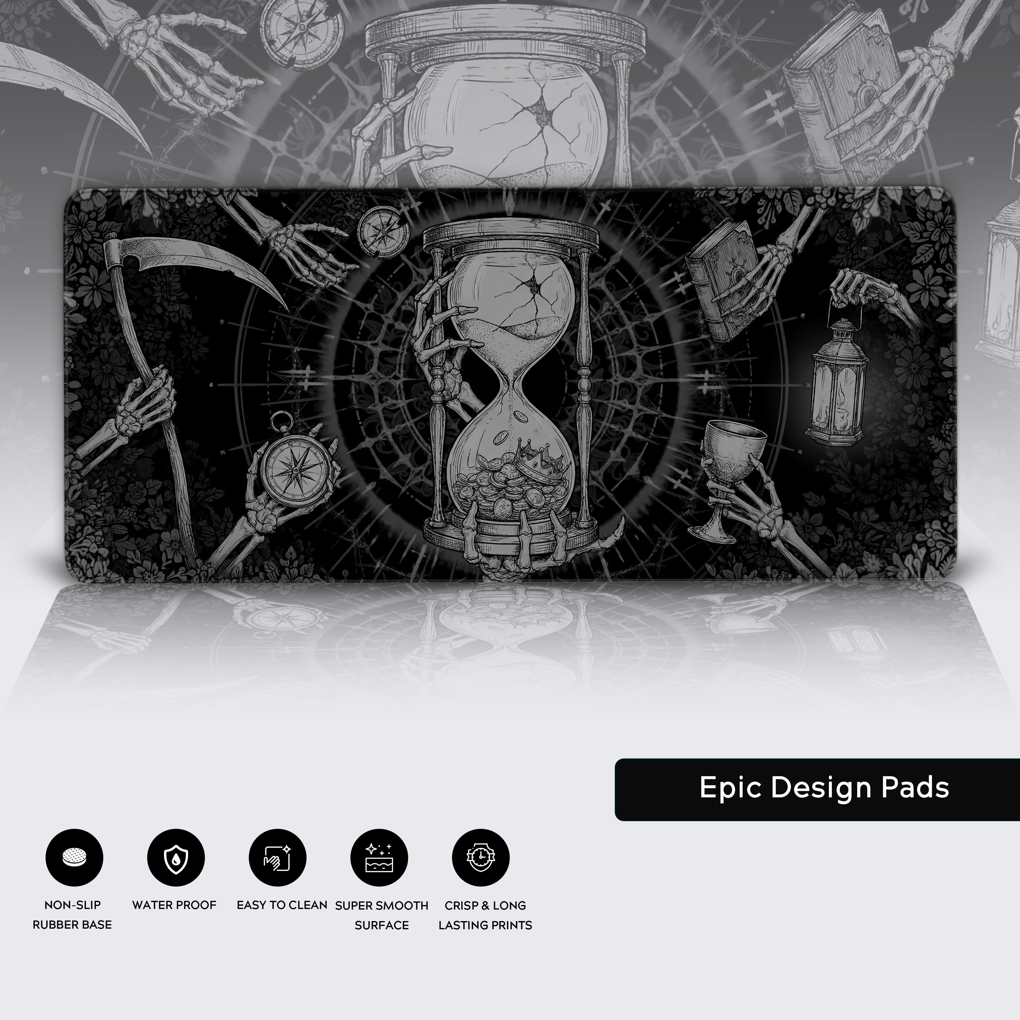 Close-up of the Memento Mori gaming desk mat showcasing its smooth fabric texture and durable stitched edges, with the intricate black and white skeleton and hourglass artwork. - Epic Design Pads & Mousepads