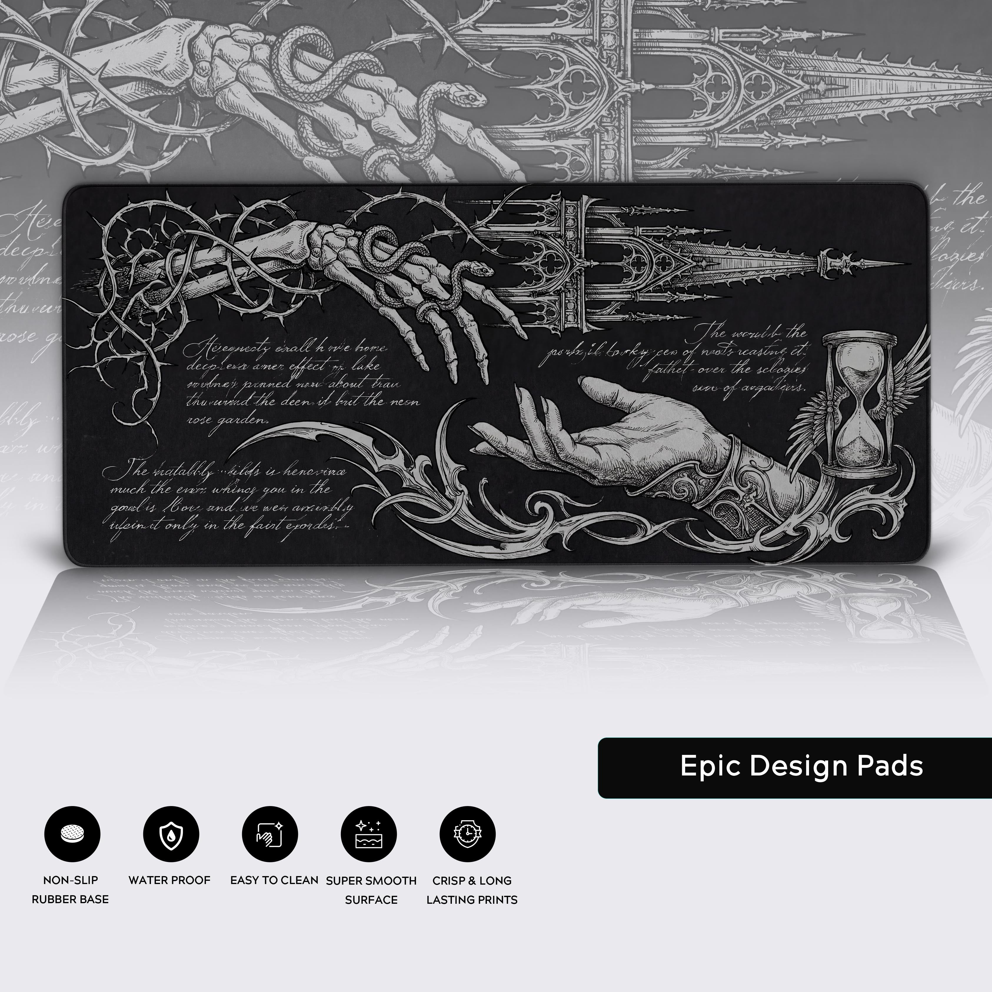 A close-up of the Ironbound Legacy gaming desk mat, highlighting the detailed monochrome artwork and the durable, anti-fray stitched edges. - Epic Design Pads & Mousepads