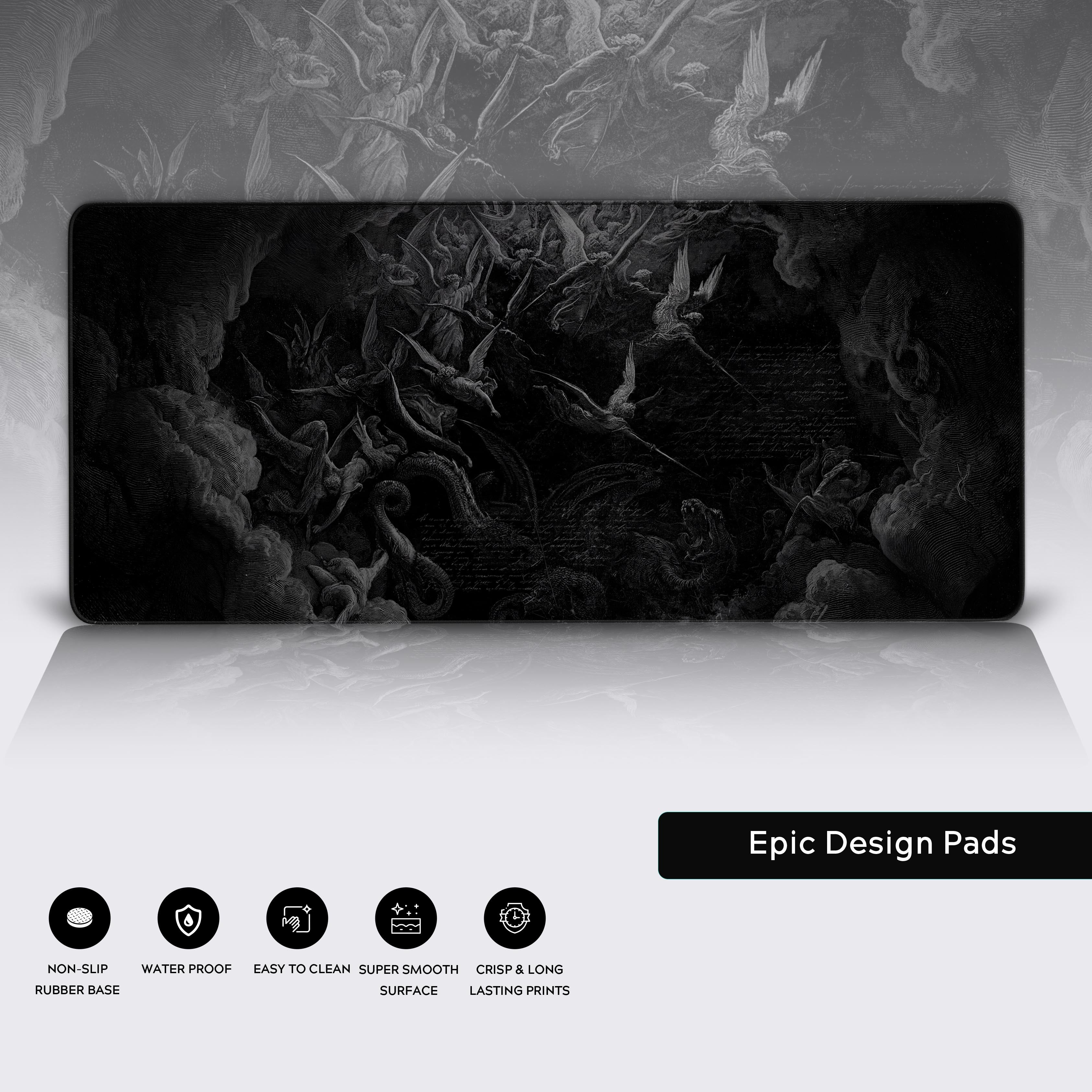 Close-up of the Revelation War gaming desk mat showing the detailed stitched edges and smooth fabric texture of the intricate, mythological angel and dragon artwork. - Epic Design Pads & Mousepads