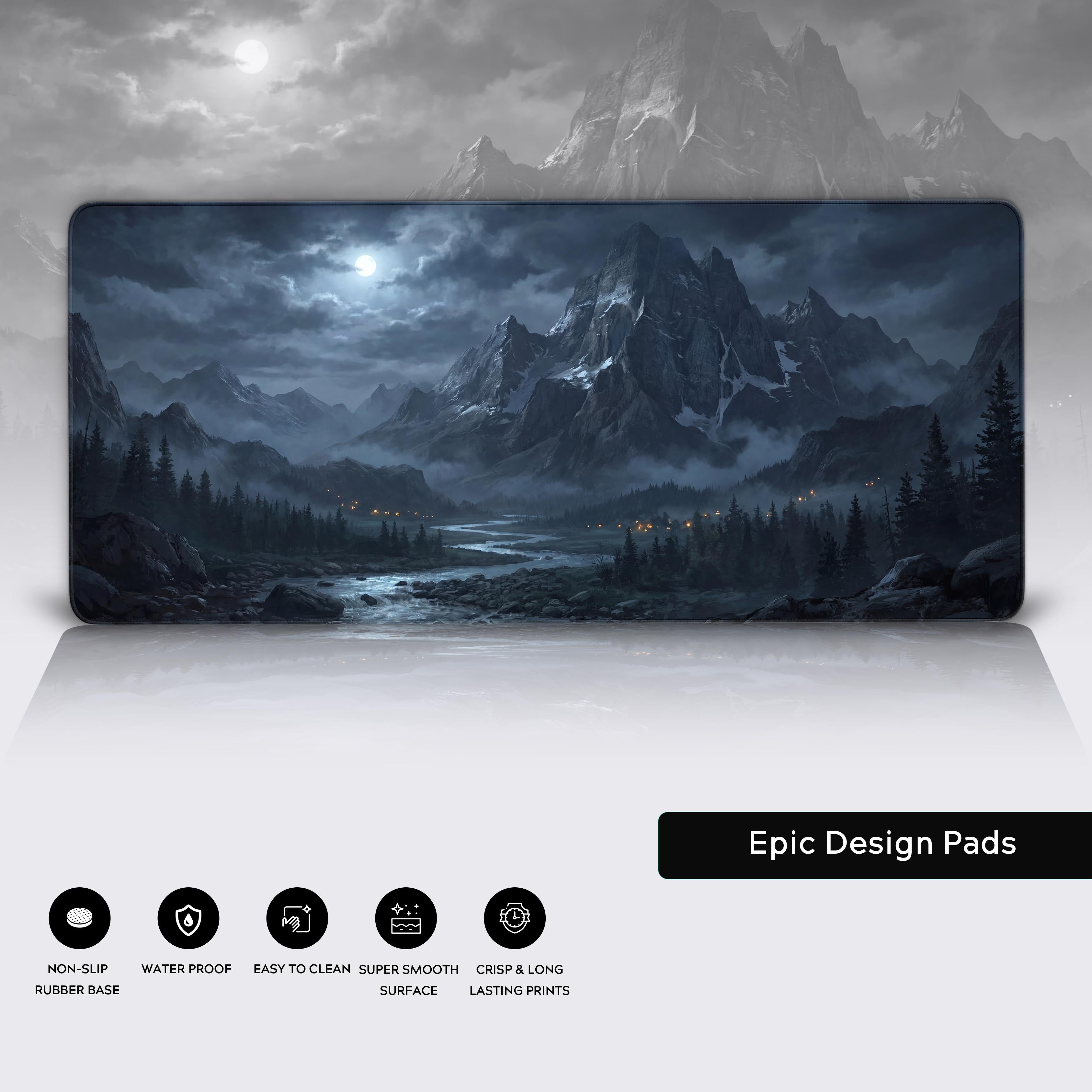 Close-up of the Silent Alpine gaming desk mat showing the high-quality fabric texture and durable stitched edges of the moonlit river and forest design. - Epic Design Pads & Mousepads