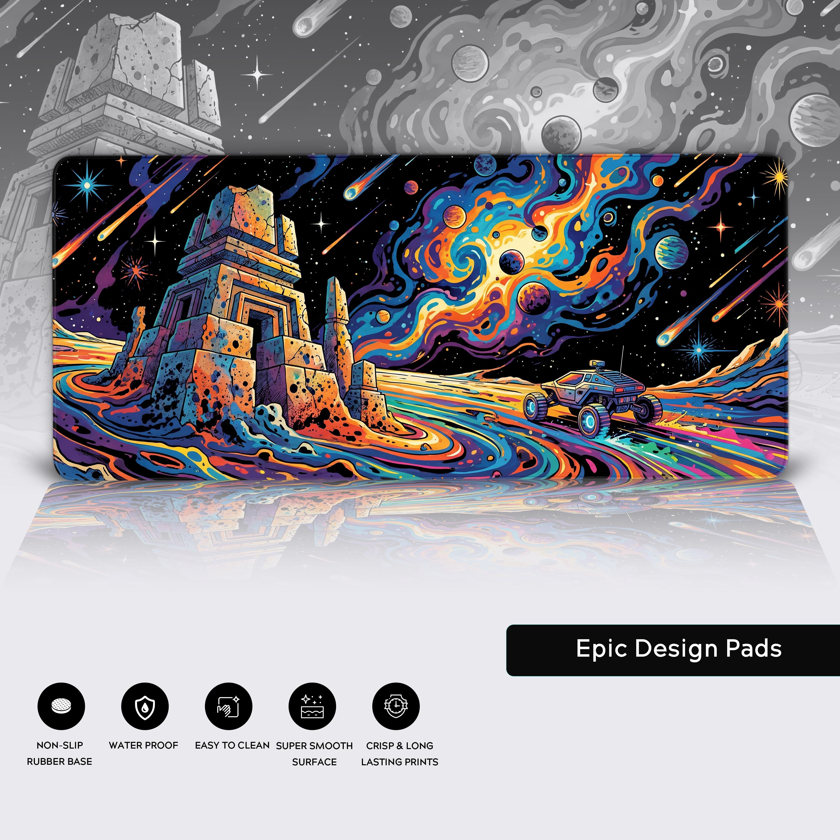 A close-up of the Psychedelic Frontier gaming desk mat, highlighting the durable stitched edges and smooth fabric texture of its trippy space rover artwork. - Epic Design Pads & Mousepads
