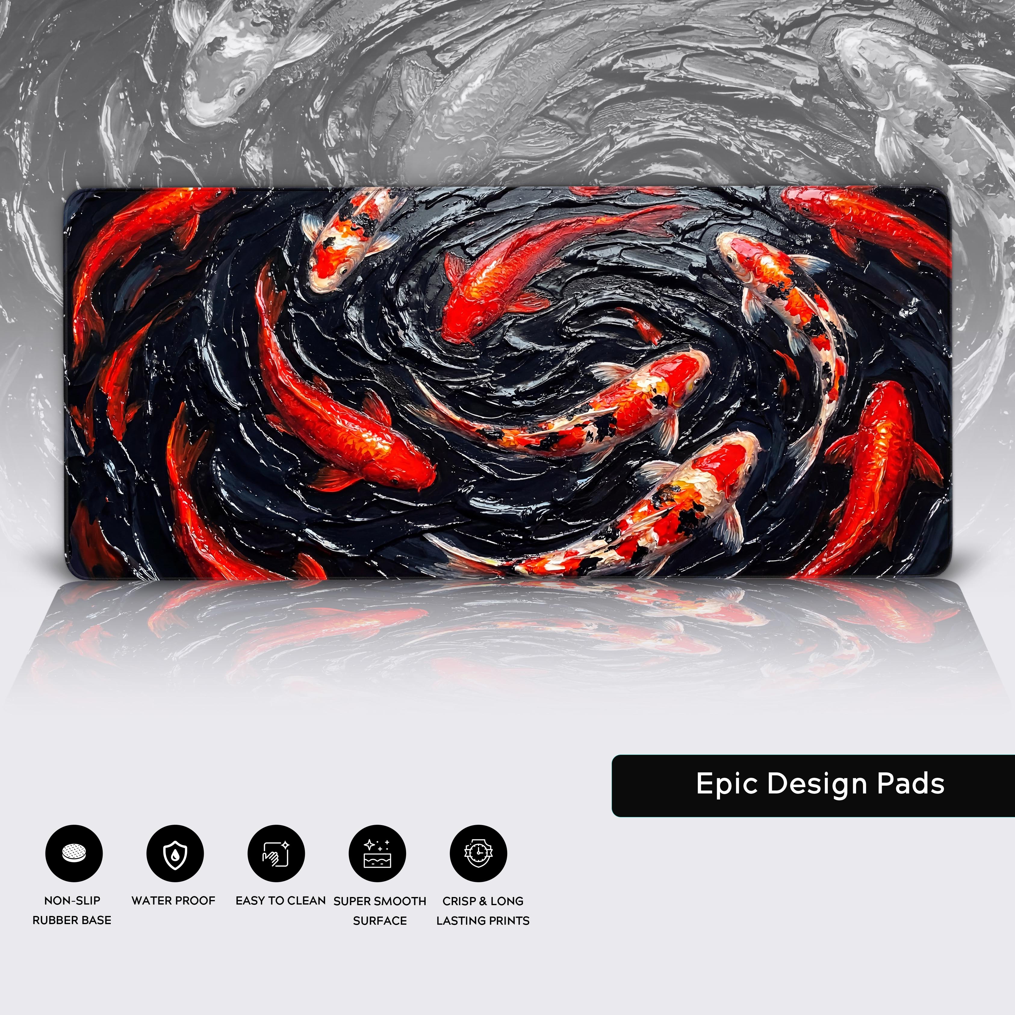 Close-up of the Impasto Koi gaming desk mat showcasing its textured art style and durable stitched edges, with red and black fish swimming in dark water. - Epic Design Pads & Mousepads