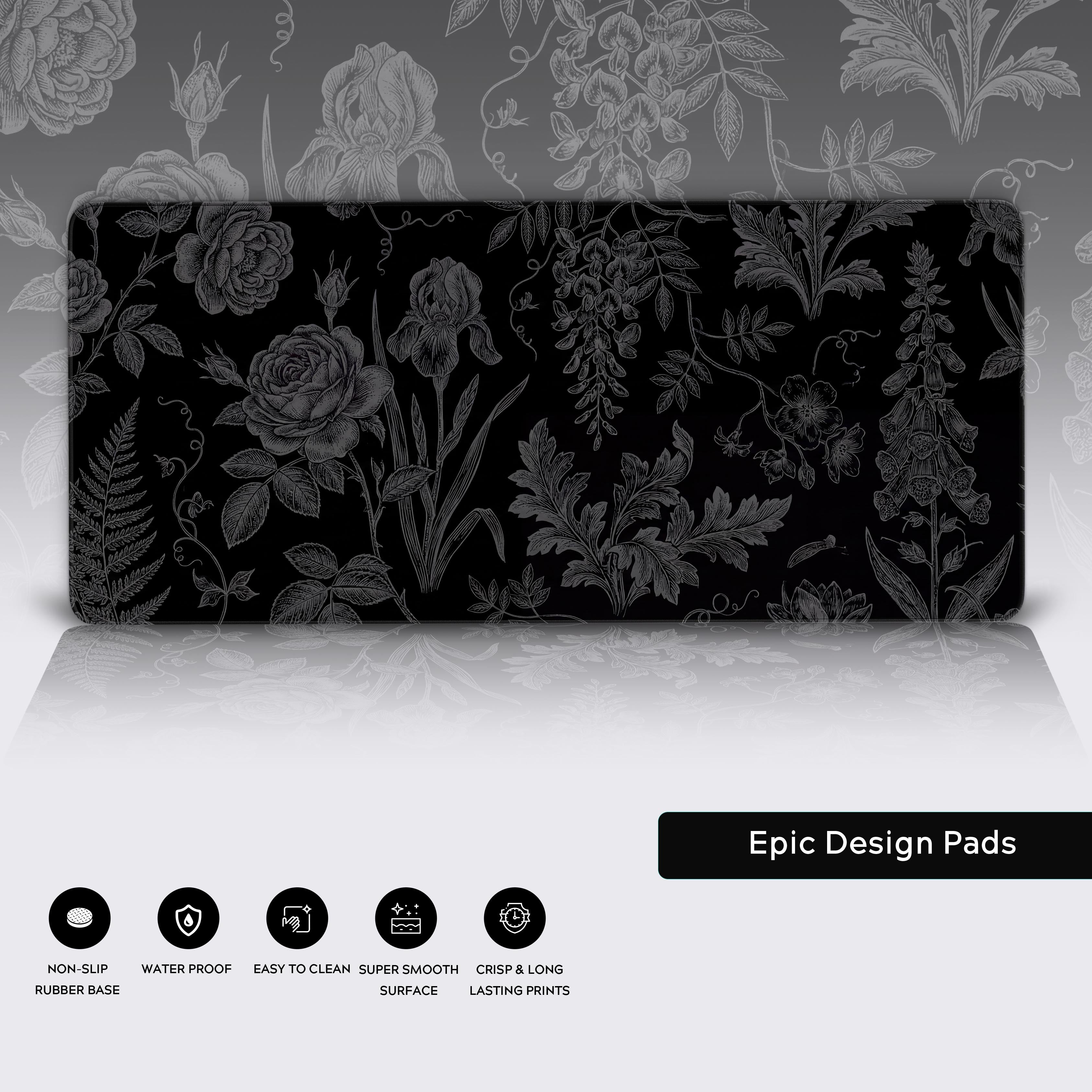 Close-up of the Midnight Botany mouse pad's smooth fabric texture and durable stitched edges, highlighting the intricate grey floral line art on a black background. - Epic Design Pads & Mousepads