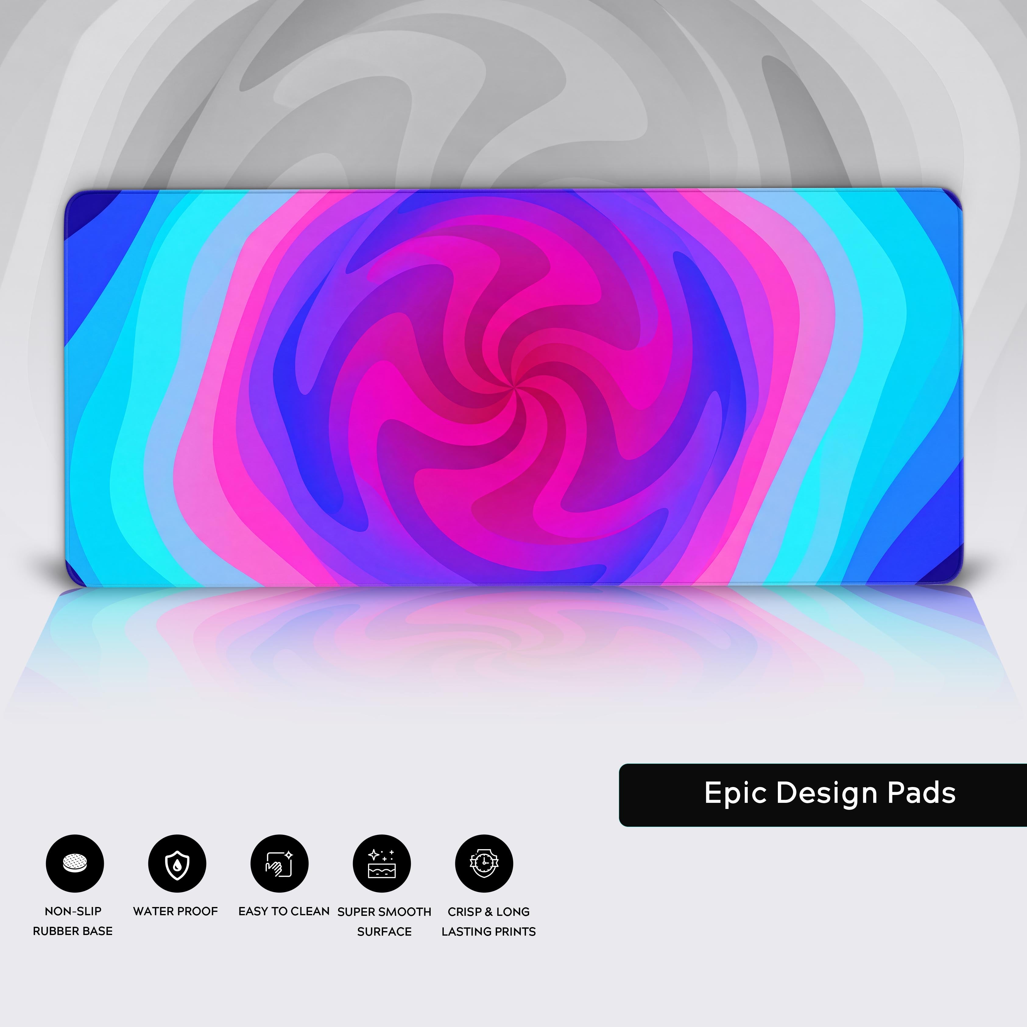 Close-up of the Lucid Spiral mouse pad's smooth texture and durable stitched edges, highlighting the abstract and colorful swirl pattern. - Epic Design Pads & Mousepads