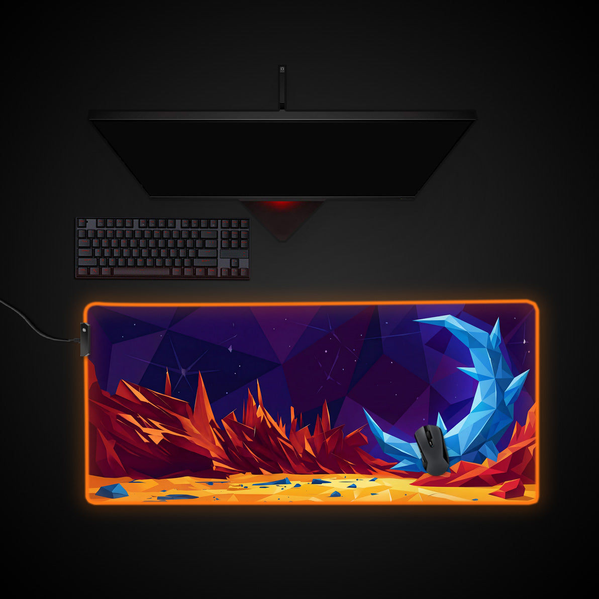 Fractured Luna desk mat with RGB edge lighting