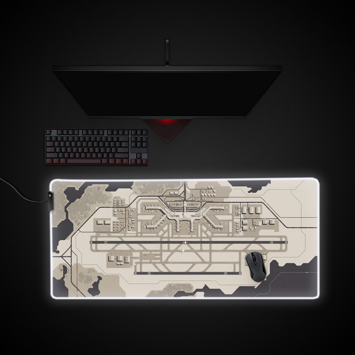 Terminal Blueprint desk mat with RGB edge lighting