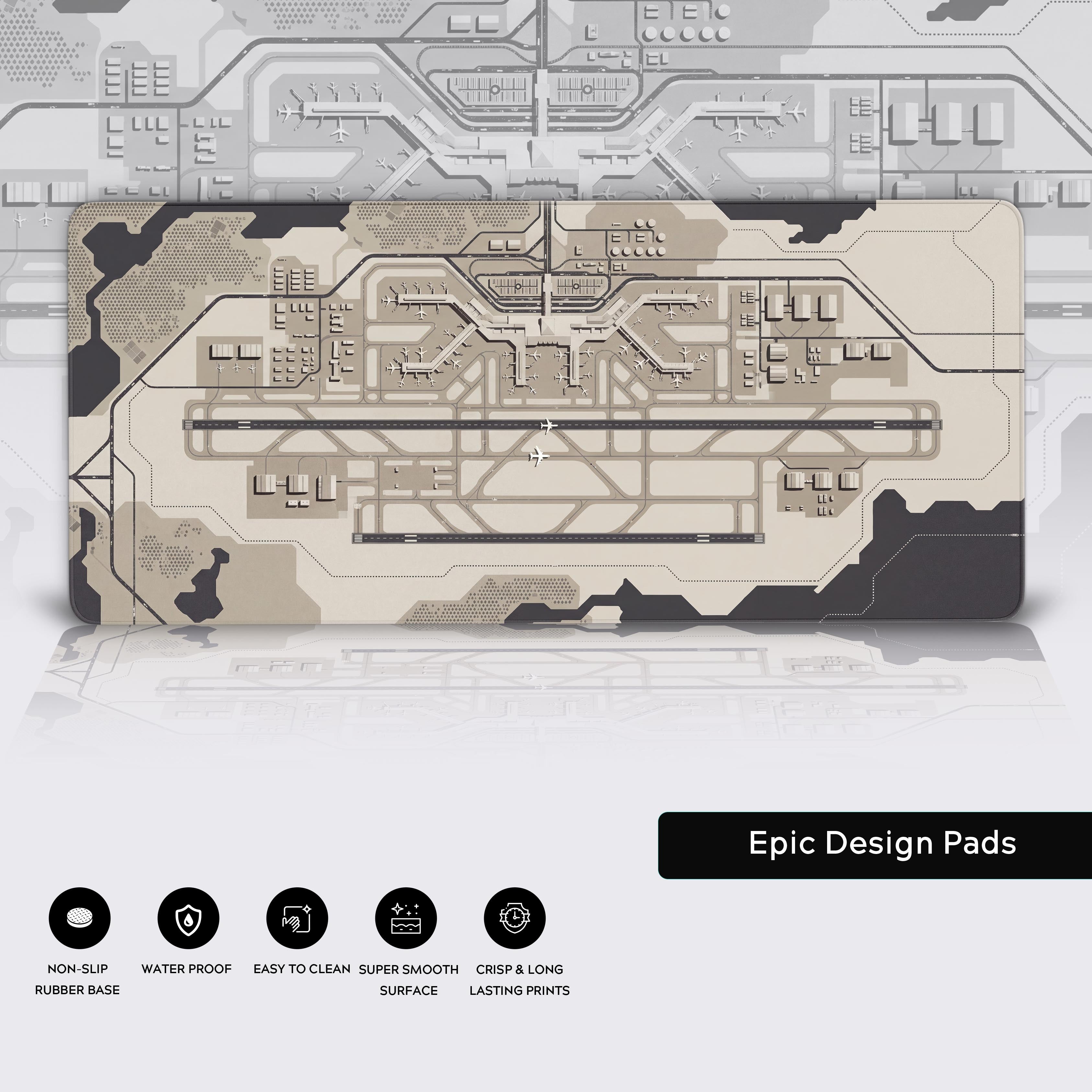 Close-up of the Terminal Blueprint gaming desk mat, showing the high-quality fabric texture and durable stitched edges. The detailed aviation schematic design is clearly visible. - Epic Design Pads & Mousepads