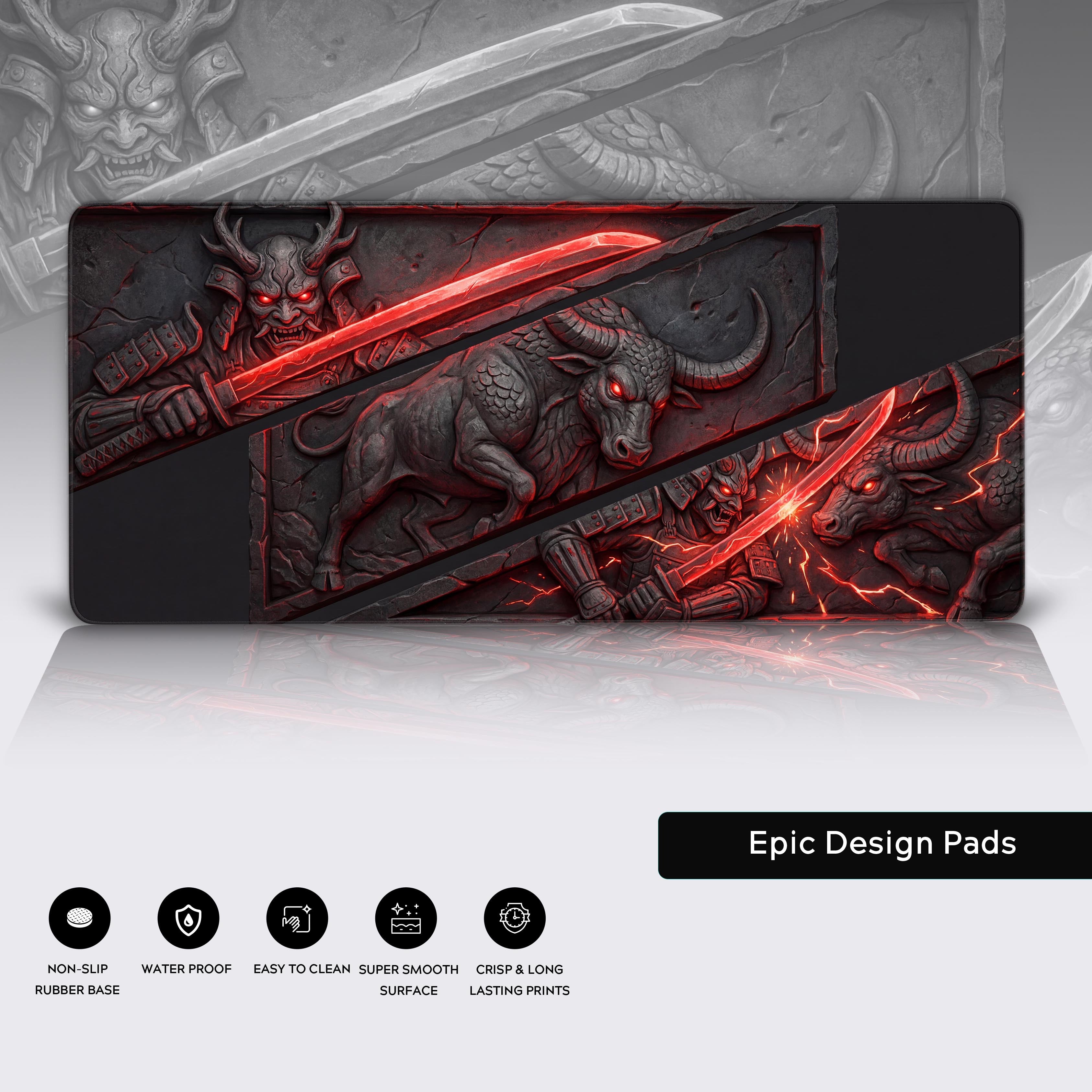 Close-up of the Eternal Clash gaming desk mat highlighting the premium fabric texture, stitched edges, and the detailed stone relief artwork of the glowing red sword. - Epic Design Pads & Mousepads