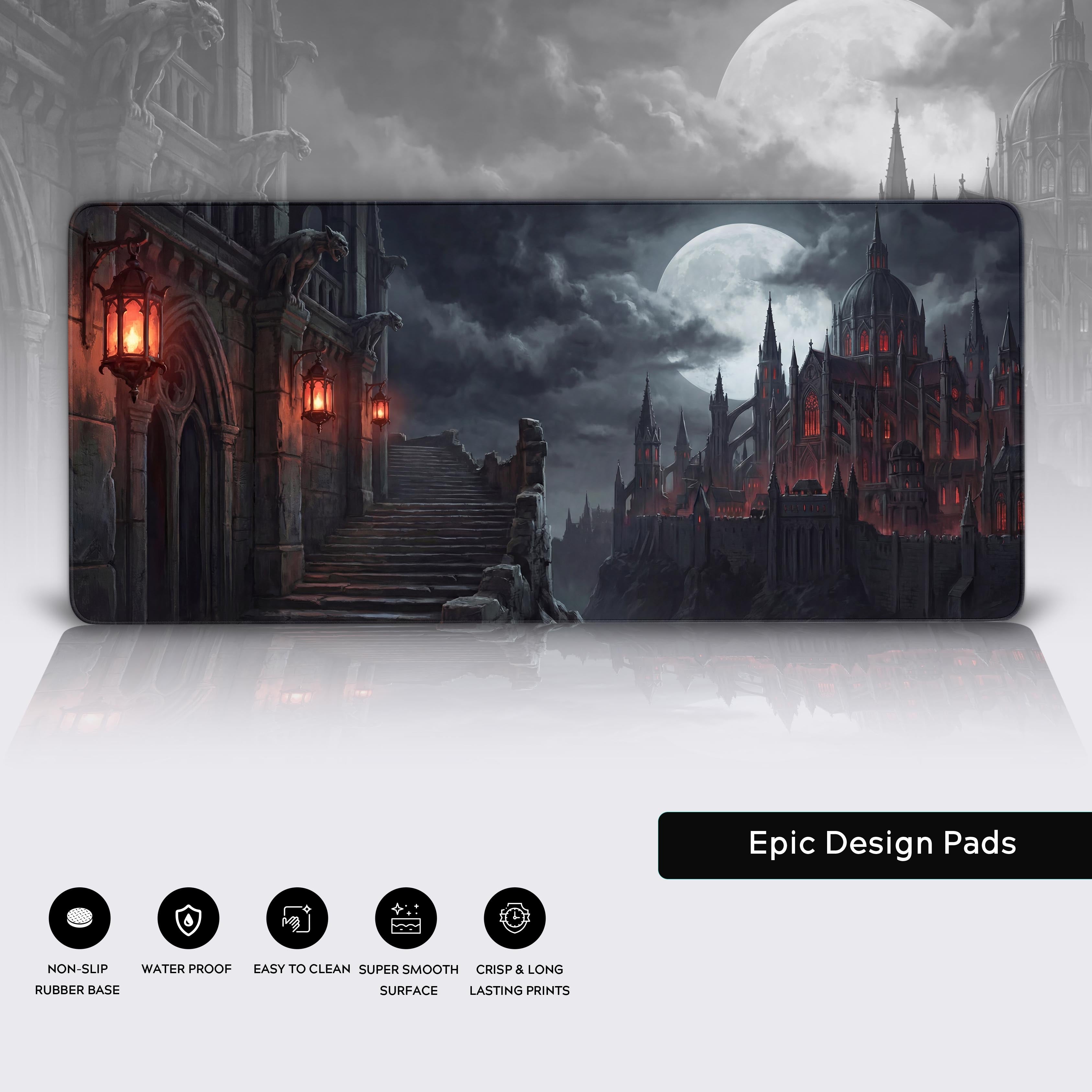 A close-up of the Sanguine Keep mouse pad, highlighting the smooth fabric texture and durable stitched edges. The detailed artwork shows a lantern-lit gothic archway. - Epic Design Pads & Mousepads