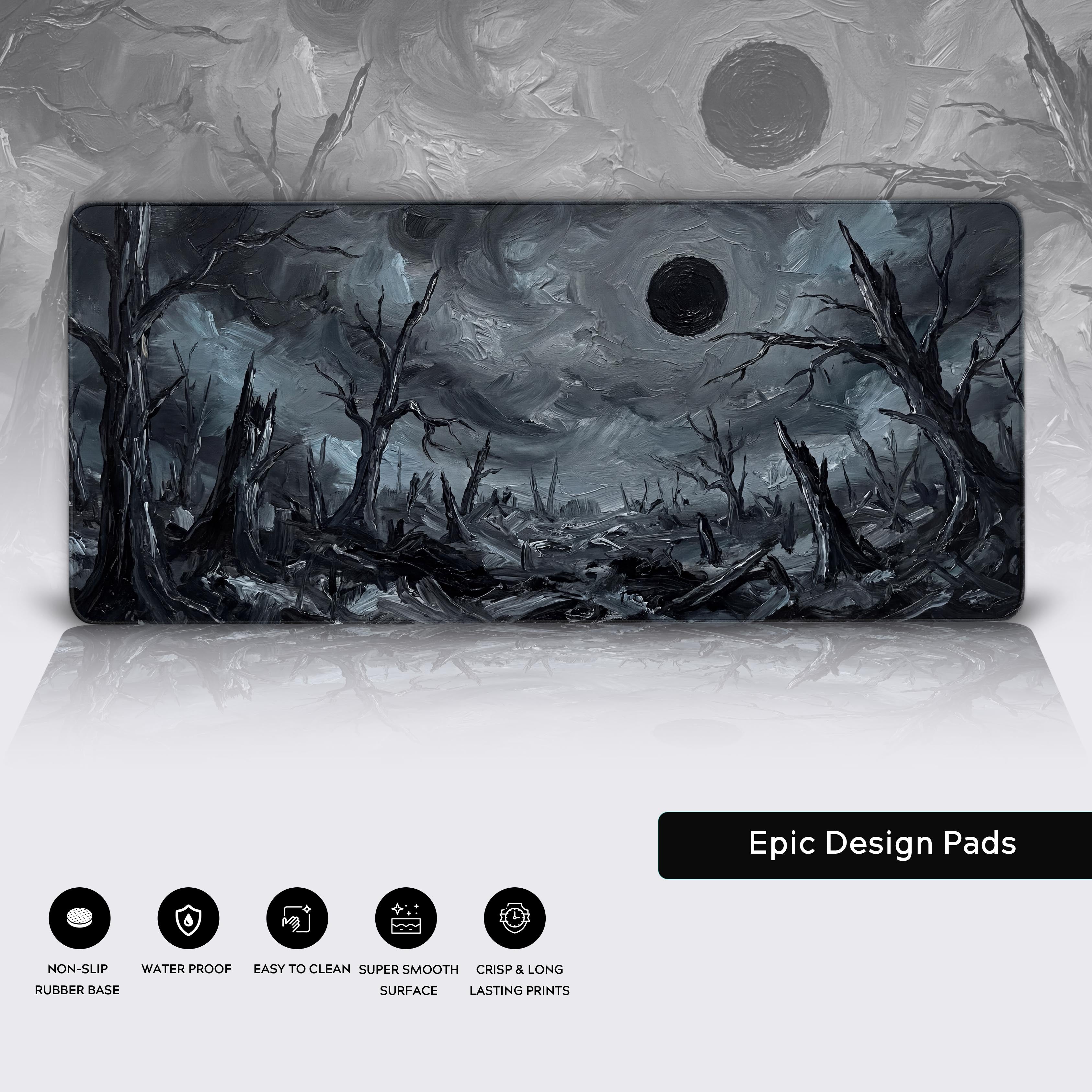 Close-up of the Eclipse of Ash mouse pad showcasing the heavy impasto texture of the dark fantasy art and its durable, high-quality stitched edges. - Epic Design Pads & Mousepads