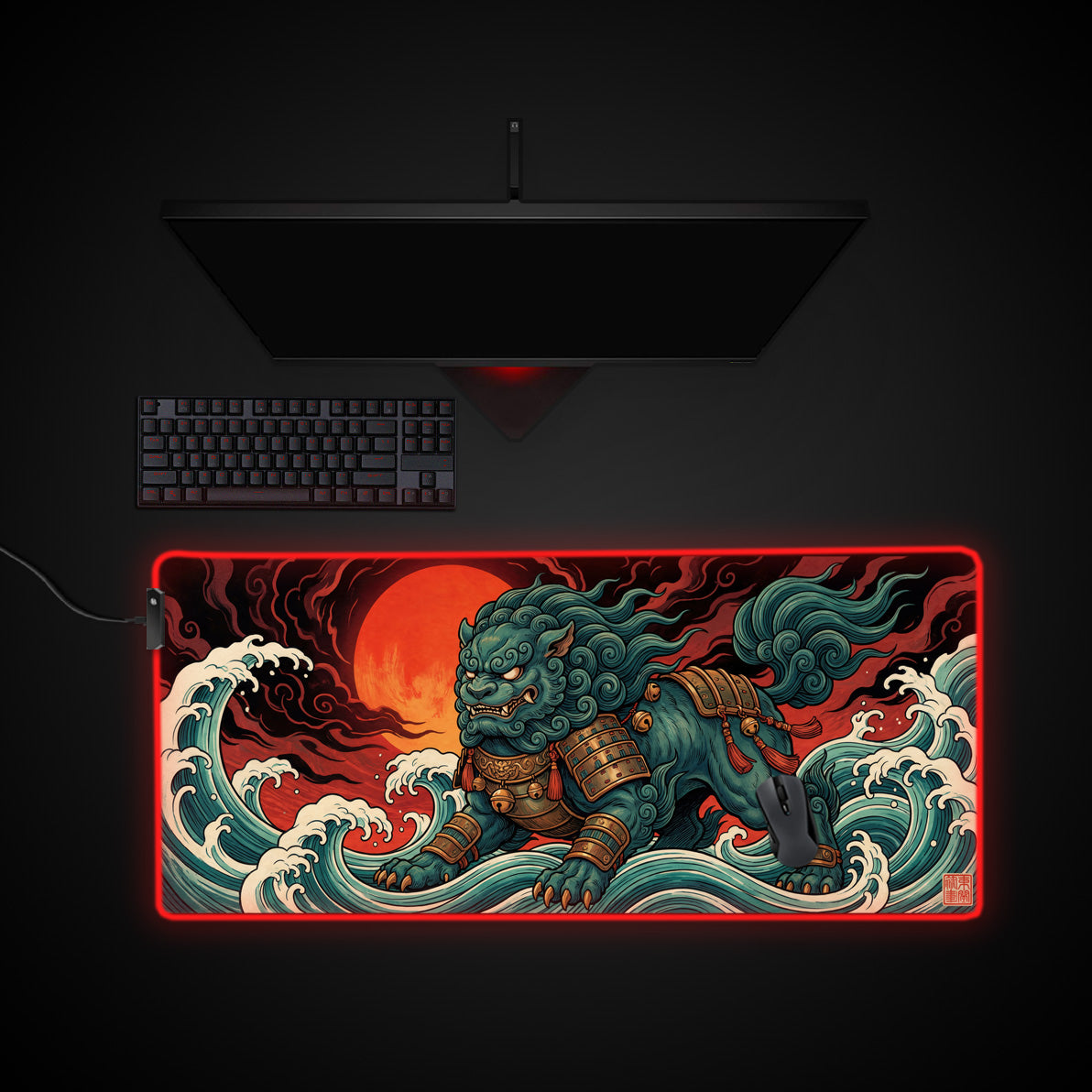 Mythic Komainu desk mat with RGB edge lighting