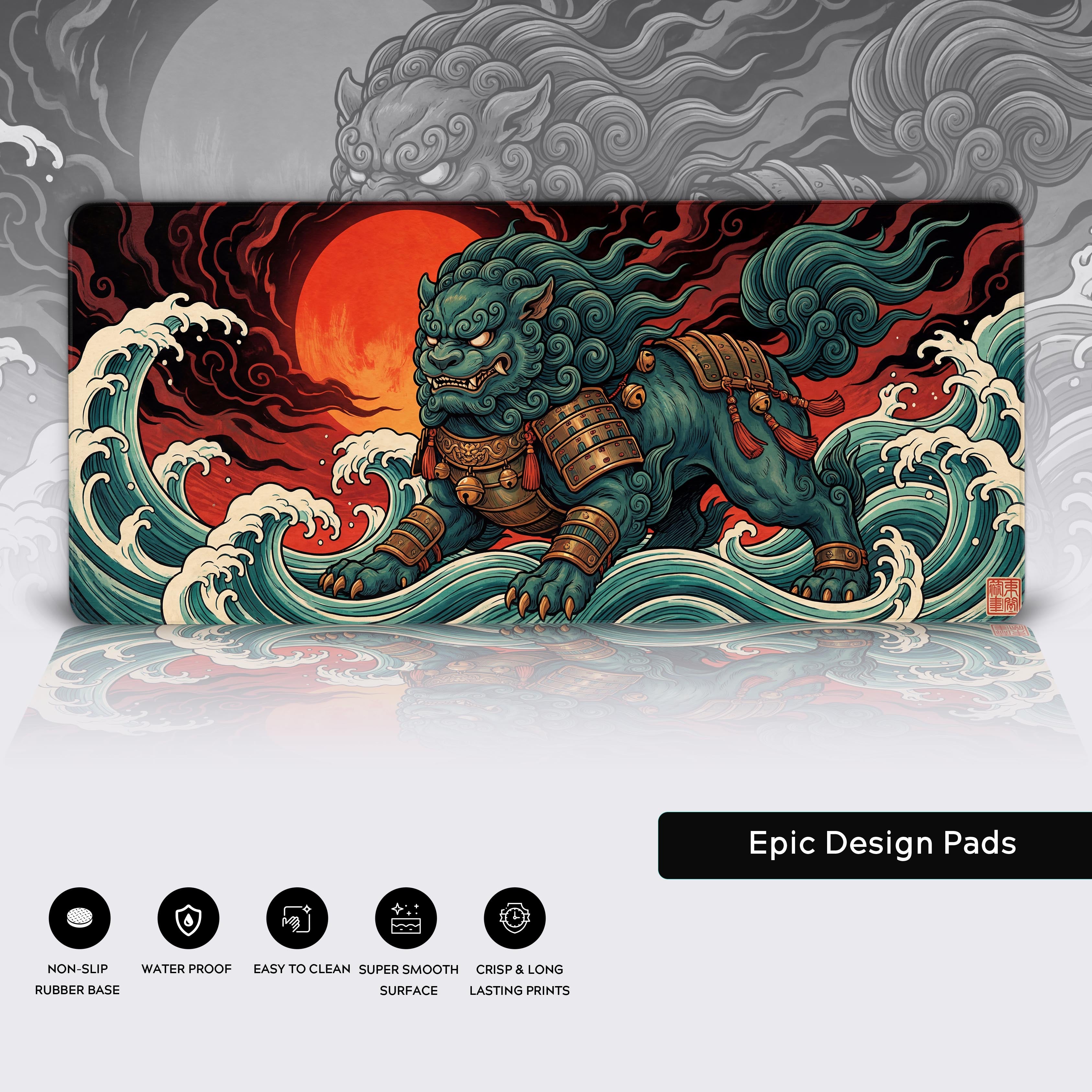 A close-up of the Mythic Komainu mouse pad's detailed Ukiyo-e artwork and premium stitched edges, highlighting the high-quality fabric texture for smooth mouse movement. - Epic Design Pads & Mousepads