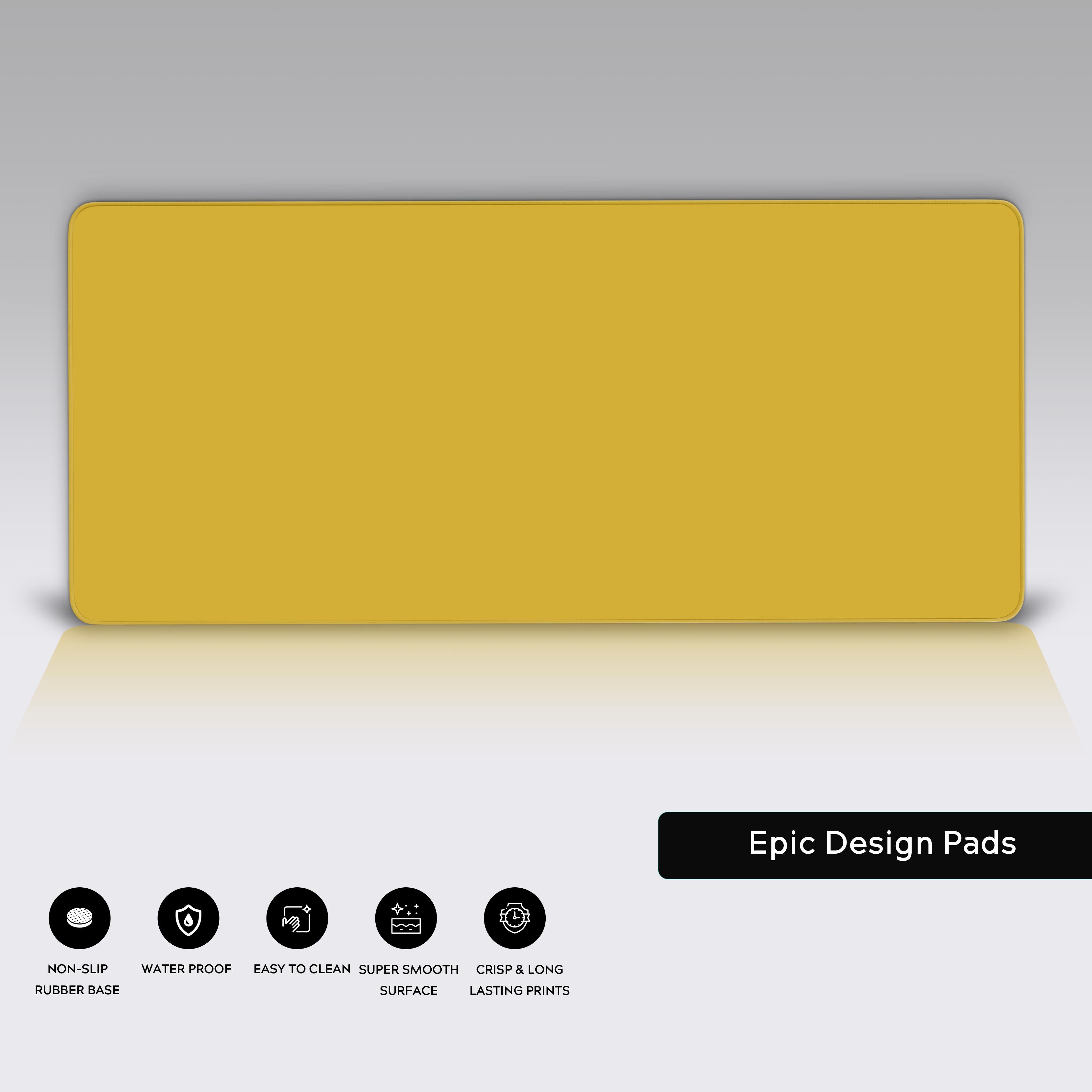Close-up showcase of the Metallic Gold mouse pad's smooth fabric texture and durable stitched edges, highlighting its premium quality for any professional desk setup. - Epic Design Pads & Mousepads