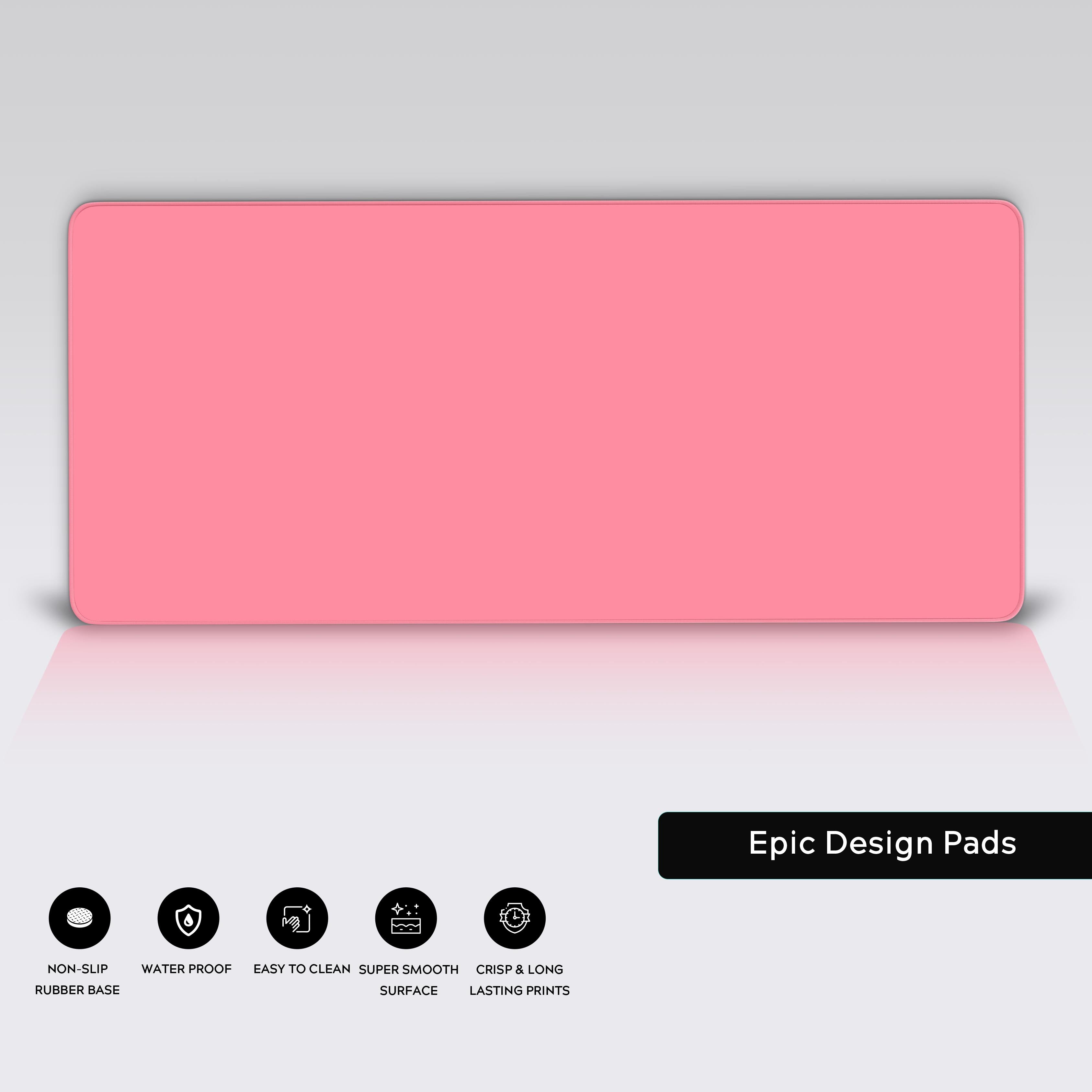A close-up of the Solid Pink gaming desk mat highlights its smooth, uniform texture and durable stitched edges, perfect for precise mouse movements. - Epic Design Pads & Mousepads
