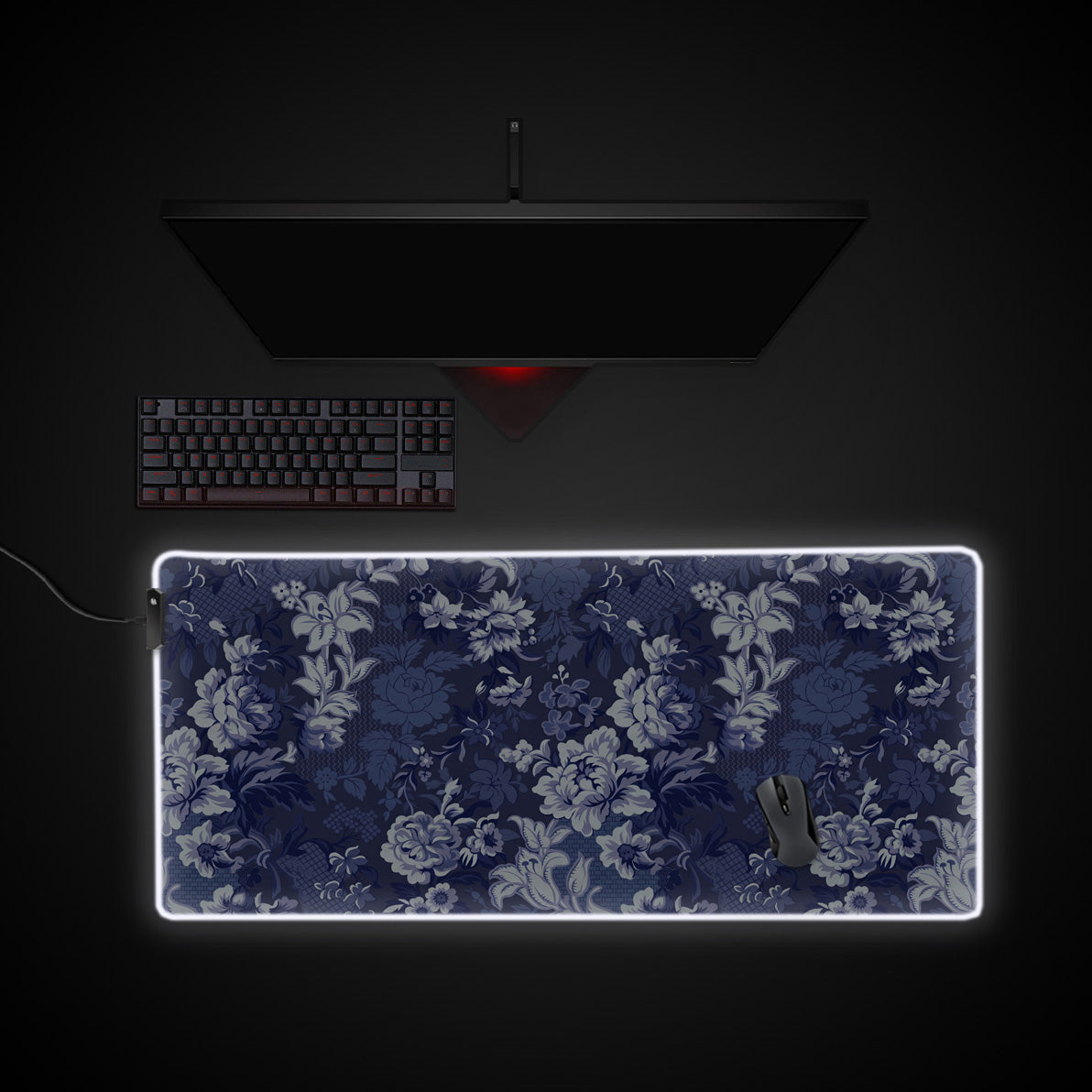 Indigo Baroque desk mat with RGB edge lighting