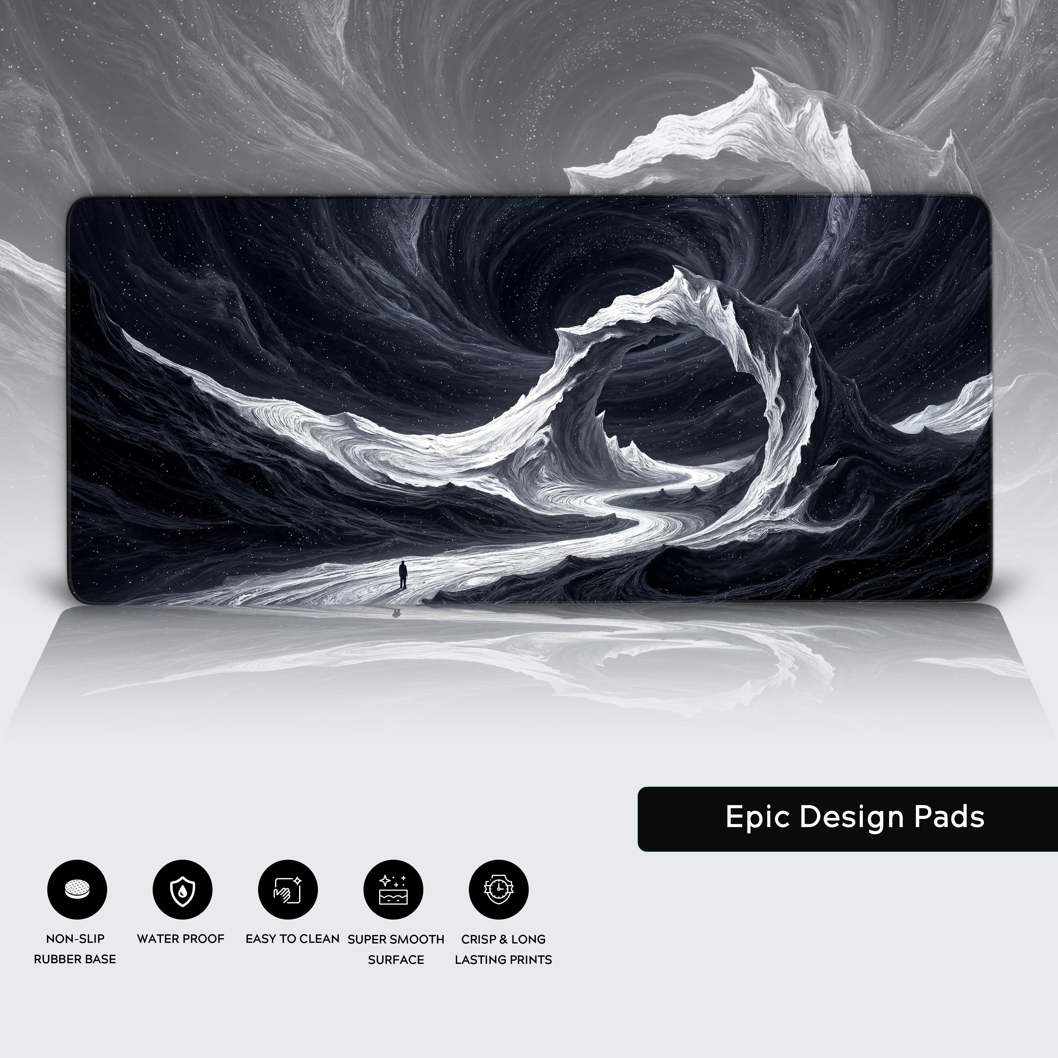 Close-up of the Void Walker gaming desk mat's premium stitched edges and smooth texture, highlighting the detailed black and white swirling abyss design. - Epic Design Pads & Mousepads