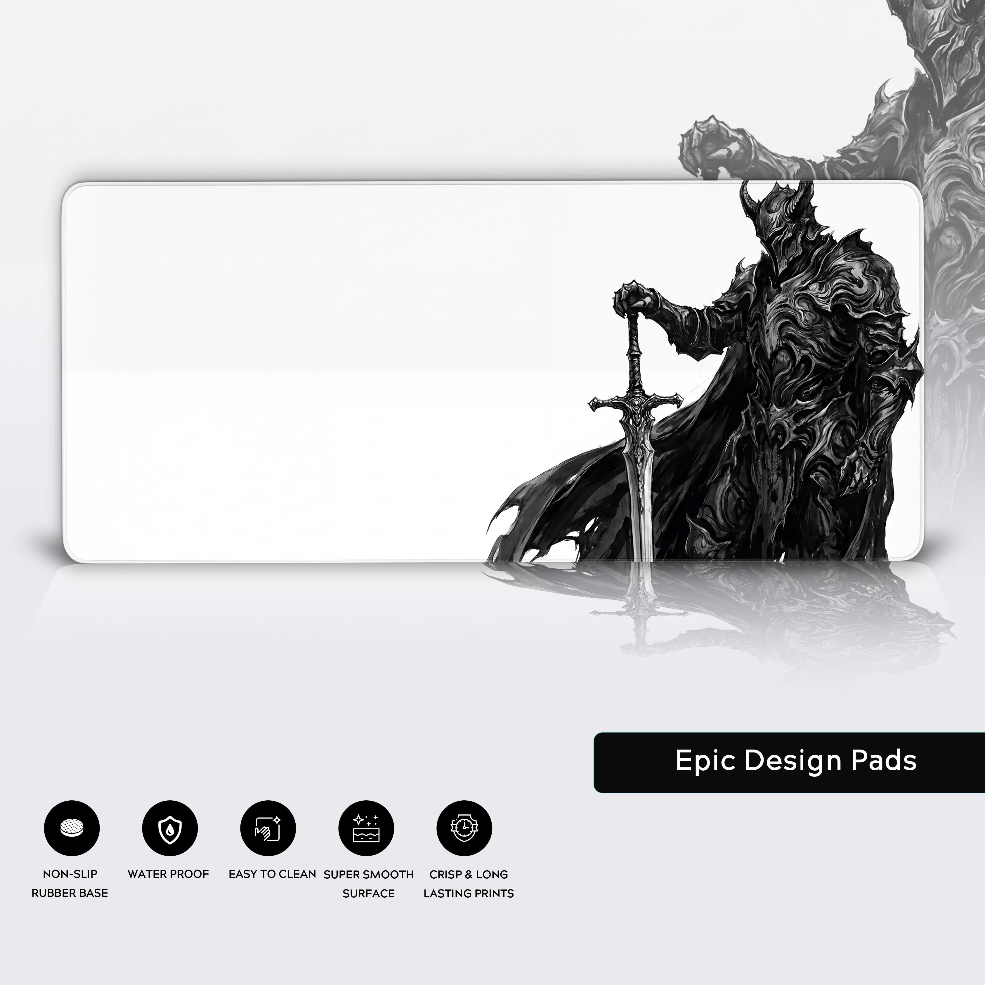 Close-up of the Silent Knight gaming desk mat's durable stitched edges and smooth surface texture, highlighting the intricate black armor illustration. - Epic Design Pads & Mousepads