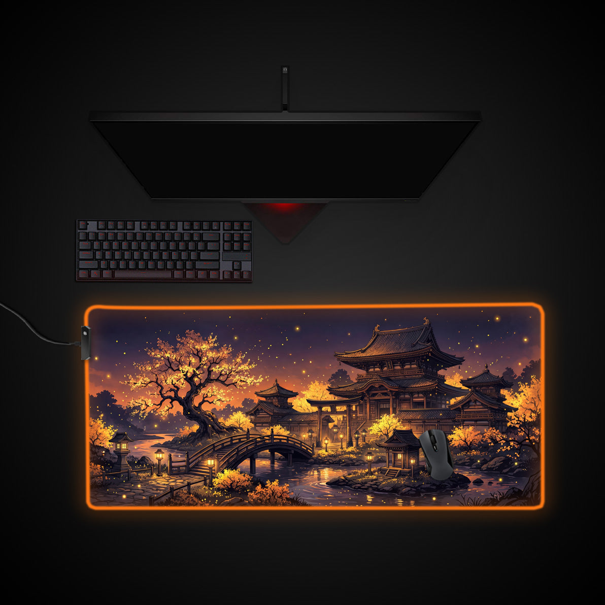 Golden Pagoda desk mat with RGB edge lighting