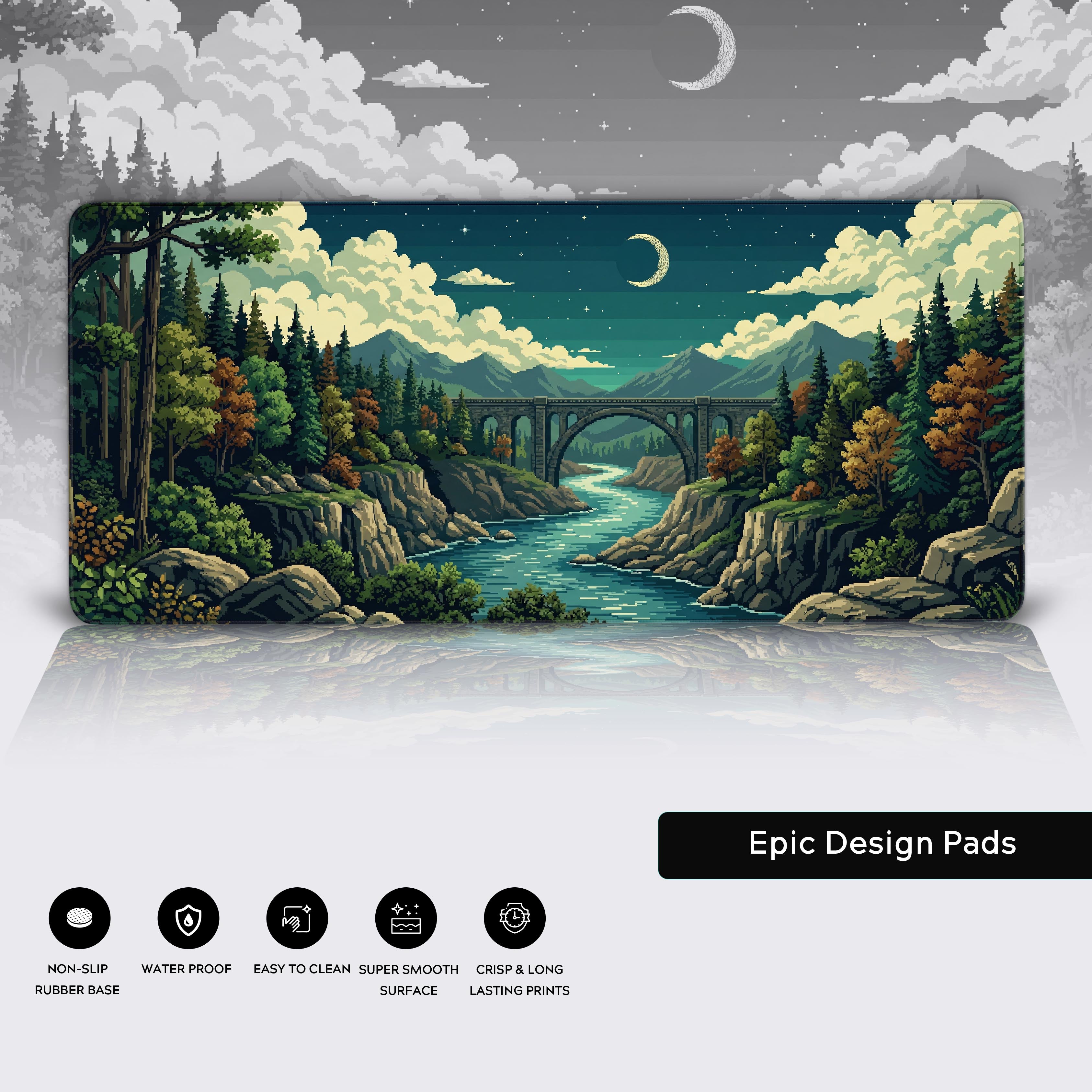 Close-up of the Retro Voyage gaming desk mat's high-quality fabric texture and durable stitched edges, highlighting the vibrant 8-bit river and forest artwork. - Epic Design Pads & Mousepads