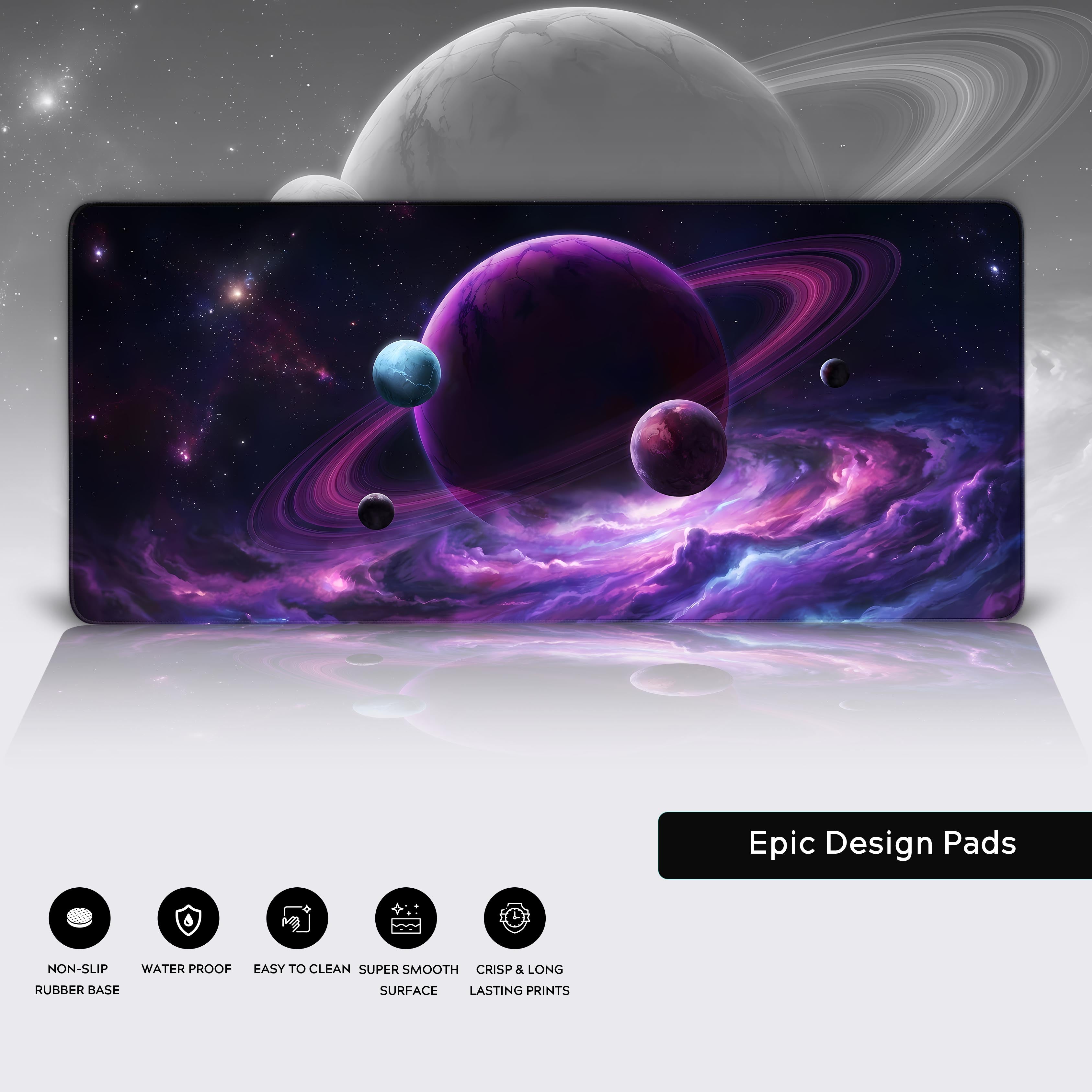 A close-up of the Orbital Command Gaming Desk Mat's high-quality fabric texture and durable stitched edges, highlighting the vivid purple nebula artwork. - Epic Design Pads & Mousepads