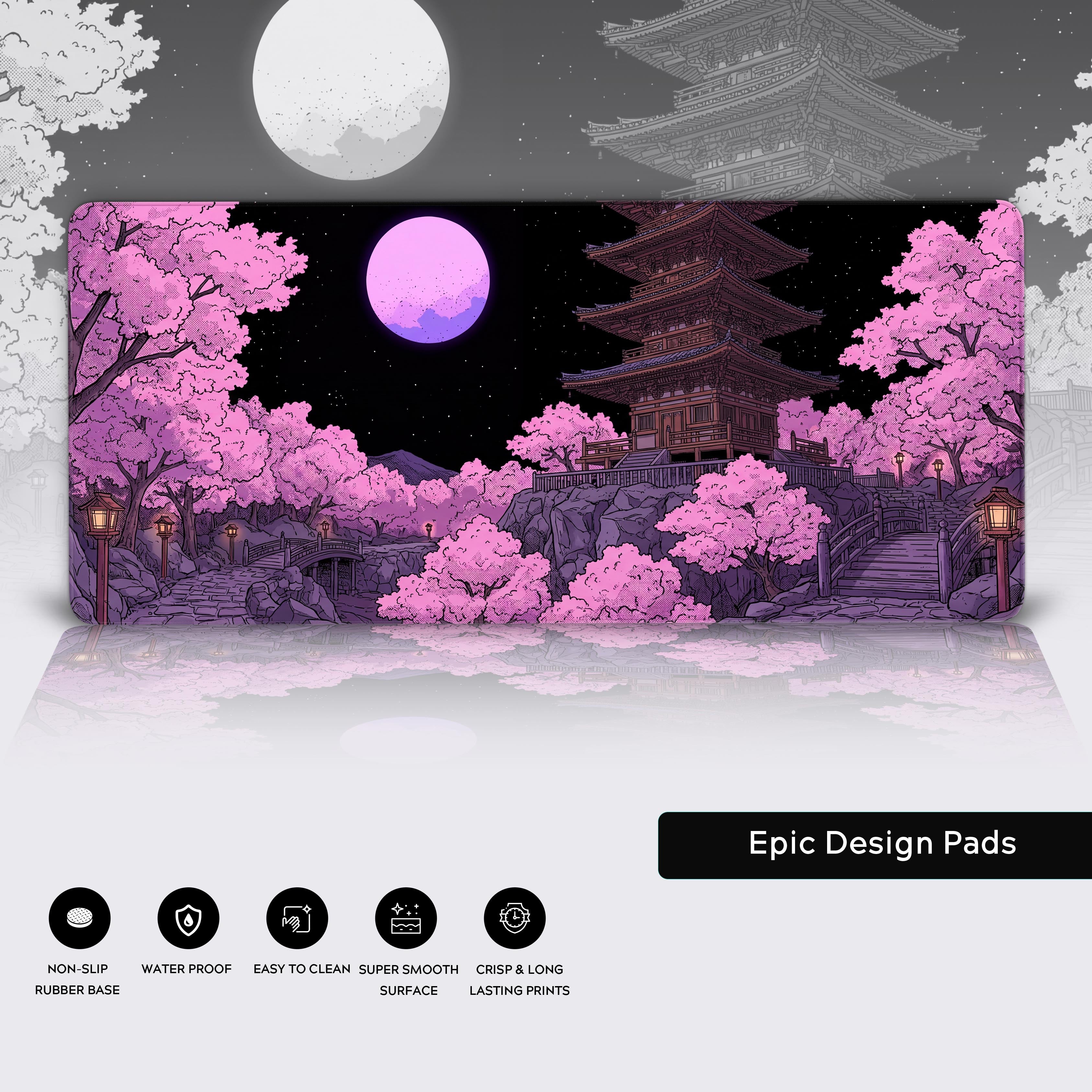 A close-up of the Midnight Sakura mouse pad, highlighting the durable stitched edges and smooth fabric texture of the Japanese cherry blossom design. - Epic Design Pads & Mousepads