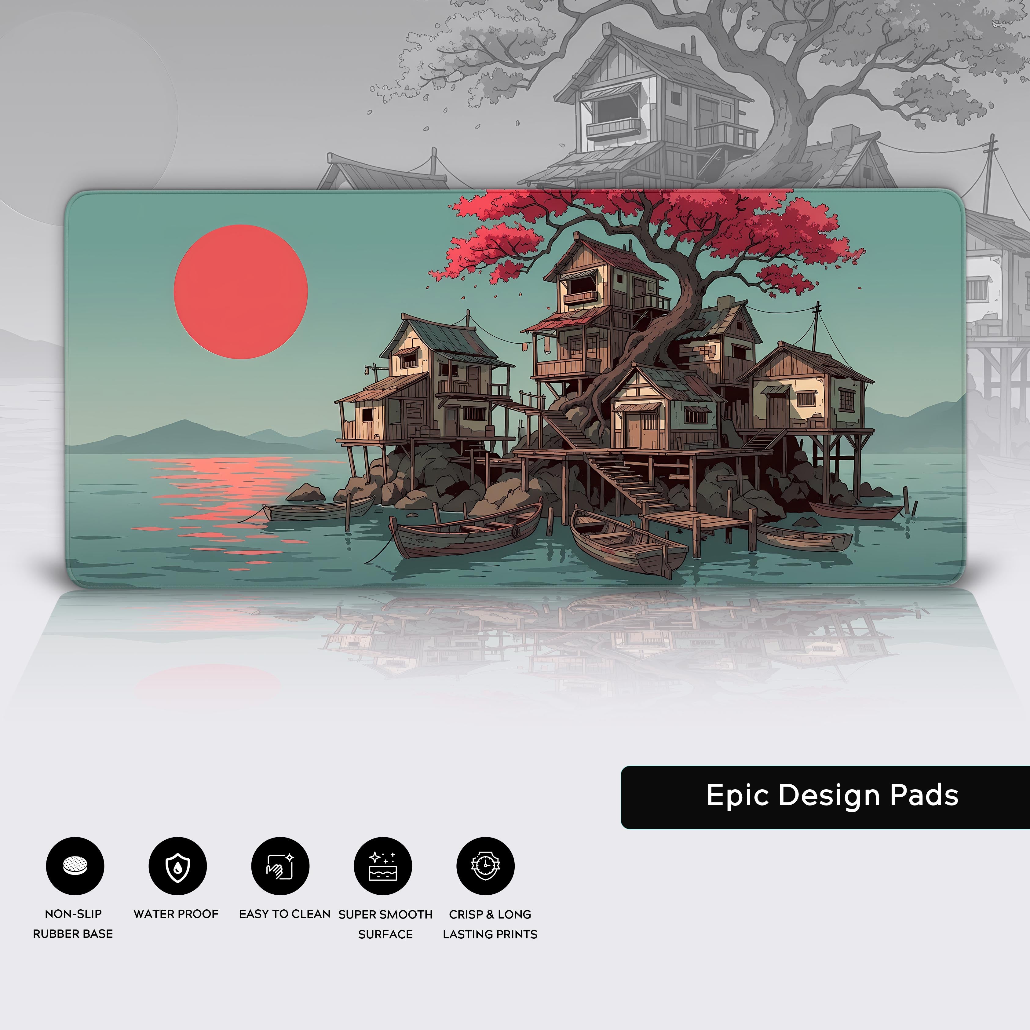 A close-up of the Harbor Sanctuary Gaming Desk Mat shows its high-quality fabric texture and durable stitched edges, highlighting the detailed illustration of the stilt village. - Epic Design Pads & Mousepads