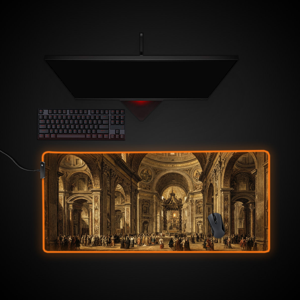 Golden Basilica desk mat with RGB edge lighting
