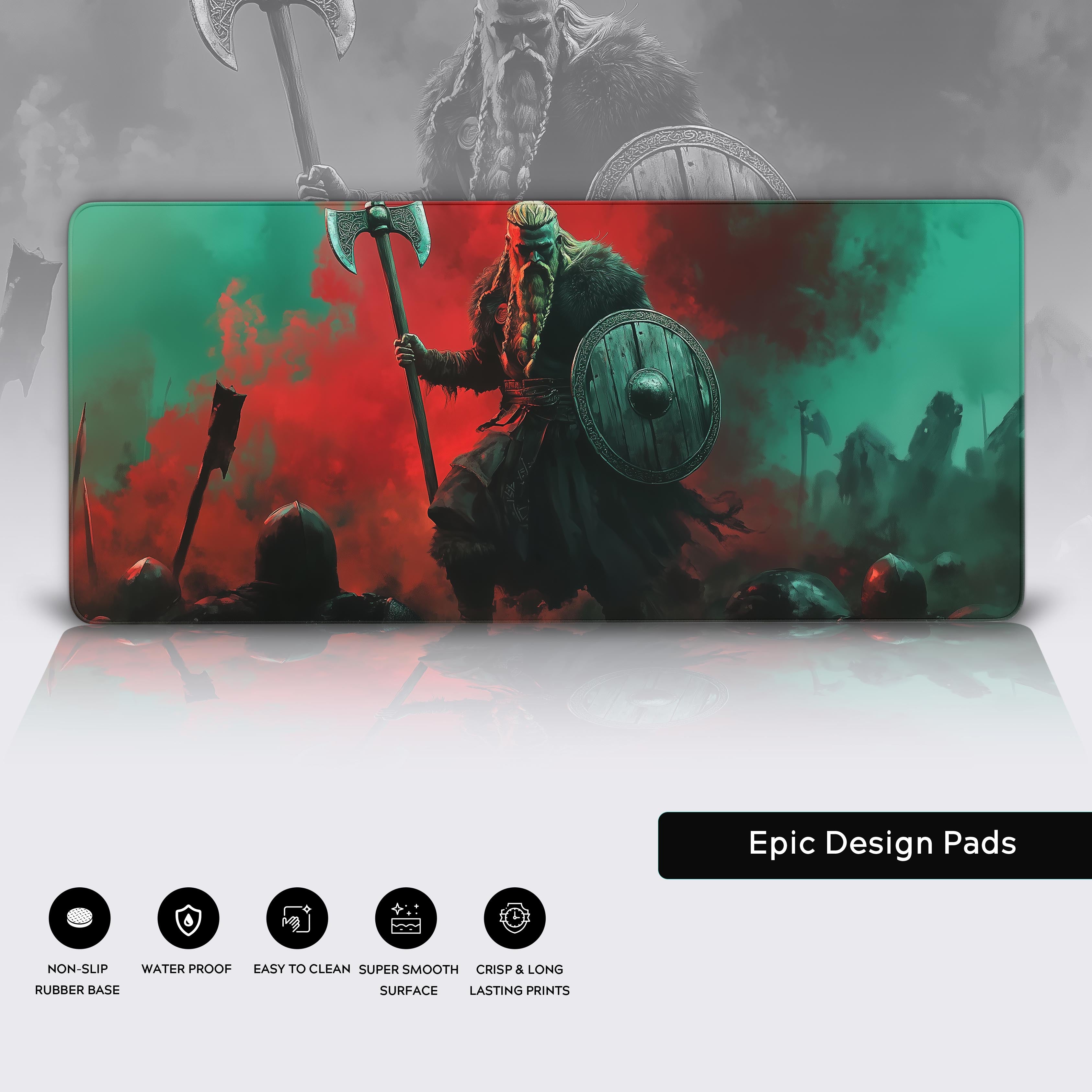 A fierce Viking warrior standing triumphantly amidst a chaotic battlefield, wielding a massive battle axe in one hand and a weathered round shield in the other. His long, braided hair and beard flow in the ethereal mist, his fur-lined armor soaked with the aftermath of battle. The background is a striking duality of crimson red and teal green smoke, symbolizing the clash of war and the eerie calm of the afterlife. Fallen foes surround his feet, their forms fading into the shadows. The atmosphere is intense
