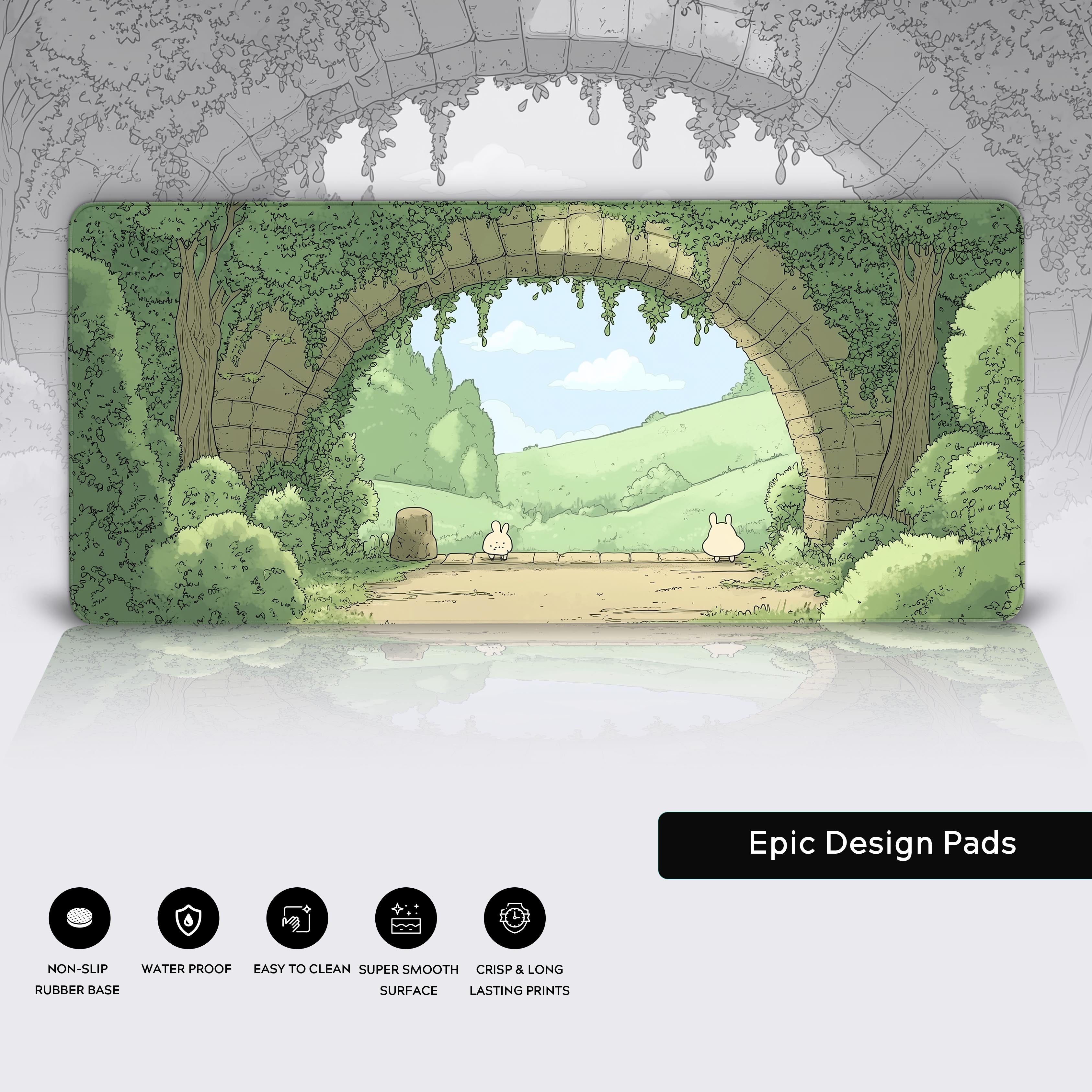 A peaceful and whimsical cartoon-style forest with soft green hues and playful kawaii aesthetics. Lush trees and bushes with simple yet charming details surround an old stone bridge covered in vines and moss. Beyond the bridge, a serene path leads to rolling hills and a clear blue sky. Two adorable animal characters, one resembling a bear and the other a bunny, walk playfully together, adding a delightful and heartwarming touch to the scene. The overall atmosphere is cozy, nostalgic, and serene, capturing