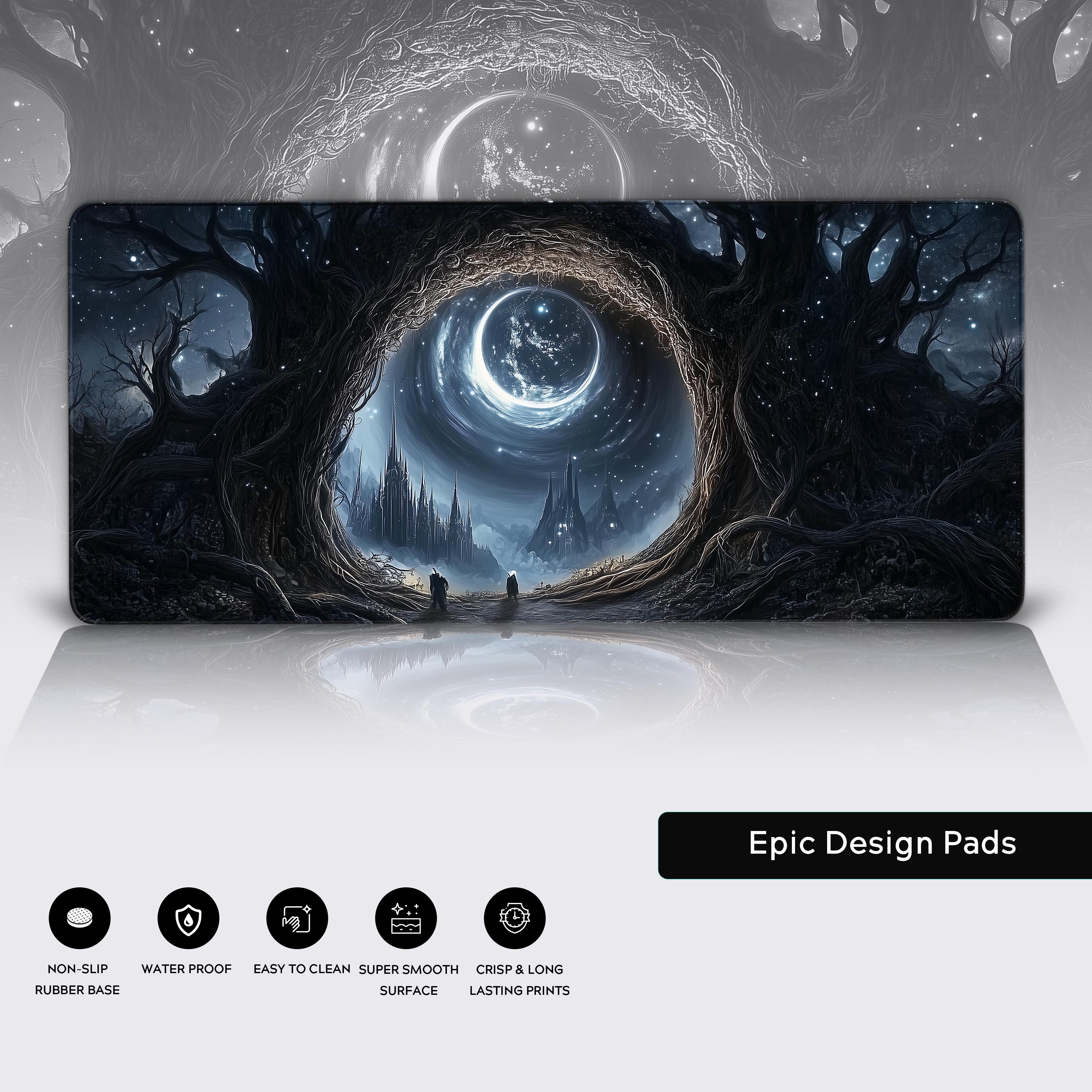 A breathtaking apocalyptic scene featuring a massive, glowing celestial portal surrounded by twisted, dark, and ancient tree roots. The portal reveals a swirling cosmic void, illuminated by intricate constellations and a luminous crescent moon. A towering gothic structure with spires rises in the distance, blending into the surreal, star-filled night sky. A desolate figure stands near the portal, dwarfed by the immense scale of the surreal landscape. In the background, a large, ominous planet hovers