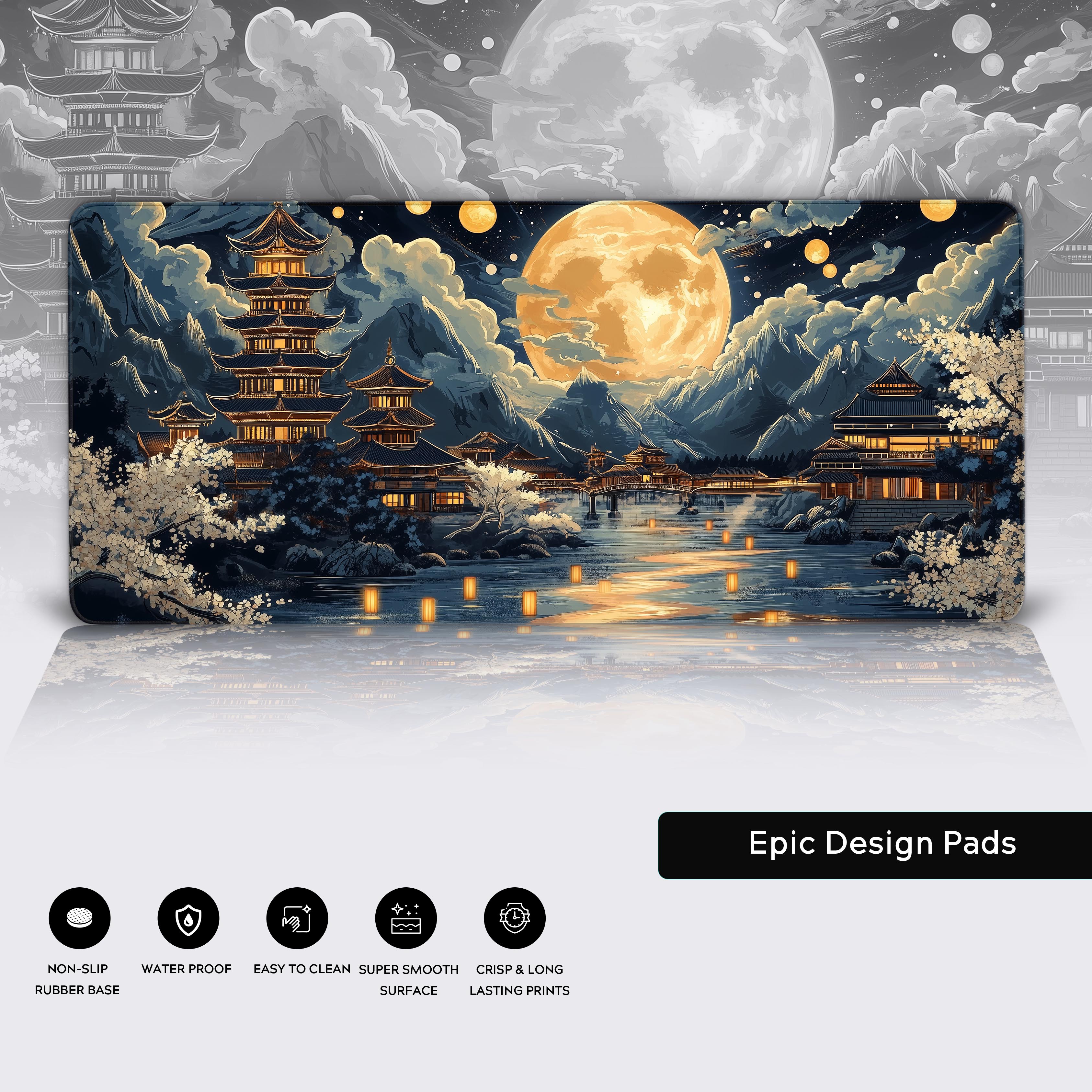 A breathtaking fantasy Japanese-inspired night scene featuring a massive glowing full moon illuminating the sky, surrounded by swirling golden clouds and celestial orbs. Below, a serene water landscape reflects the moonlight, framed by traditional Japanese pagodas with intricate rooftops, glowing warmly with lantern lights. Towering mountains rise in the distance, adding depth and majesty to the setting. Cherry blossom trees and delicate foliage frame the foreground, creating an ethereal and dreamlike