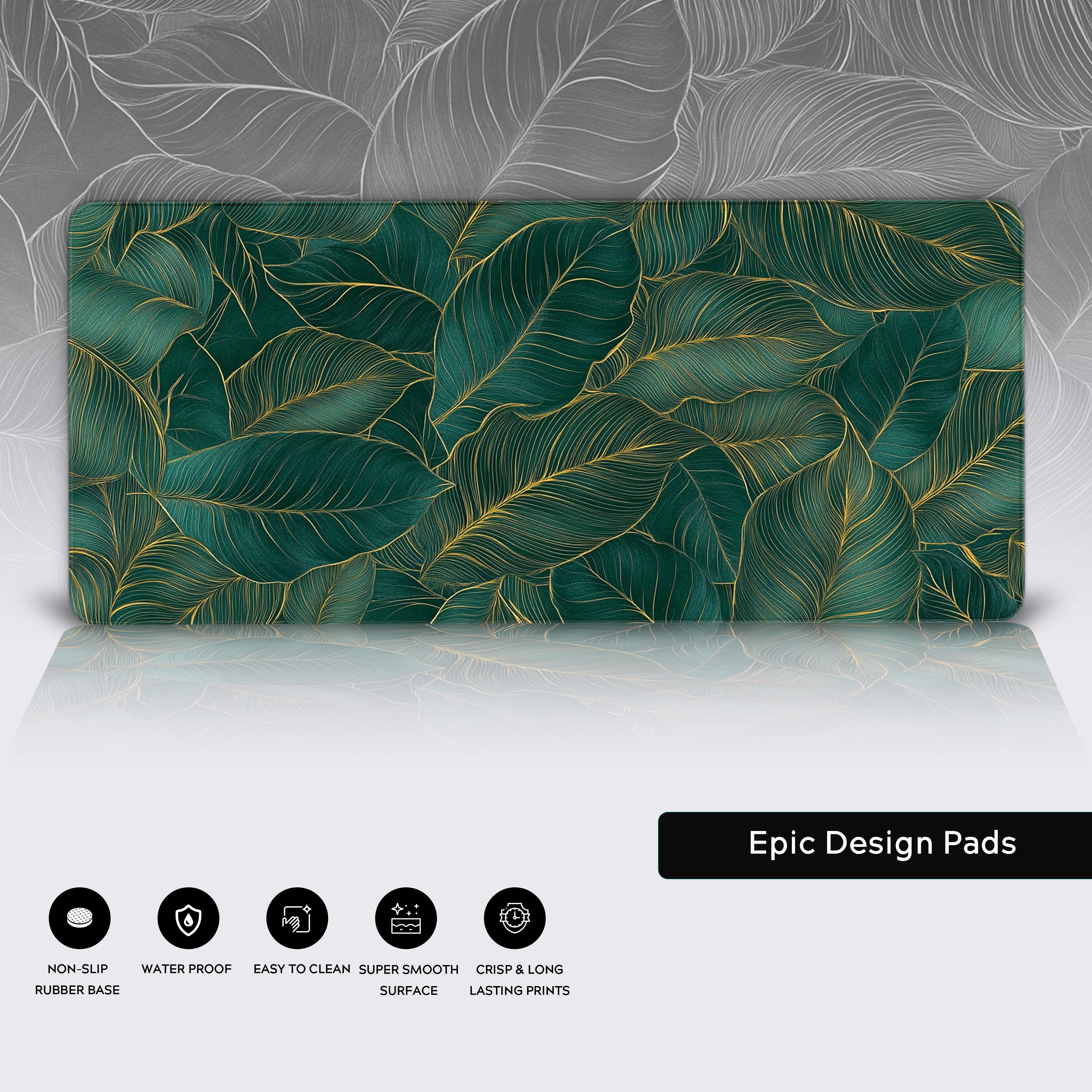Seamless tropical leaf pattern, deep emerald green foliage with intricate gold outlines, Art Nouveau botanical illustration, elegant nature-inspired design, luxurious and modern aesthetic, highly detailed line work, soft lighting, high-resolution digital wallpaper