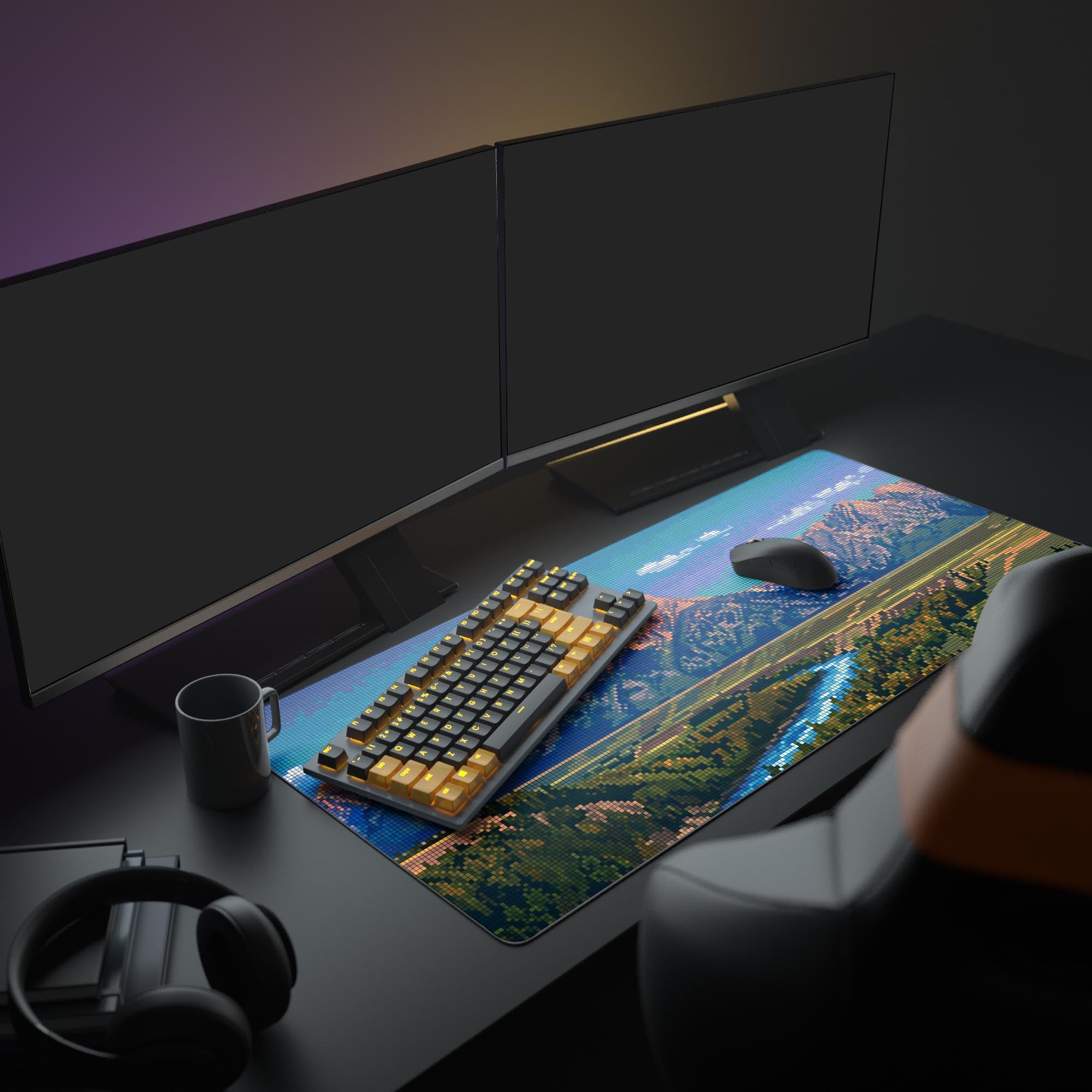 A modern computer setup featuring the 8-Bit Alpenglow Mouse Pad, showing the vibrant pixel art design below a monitor, gaming keyboard, and mouse. - Epic Design Pads & Mousepads