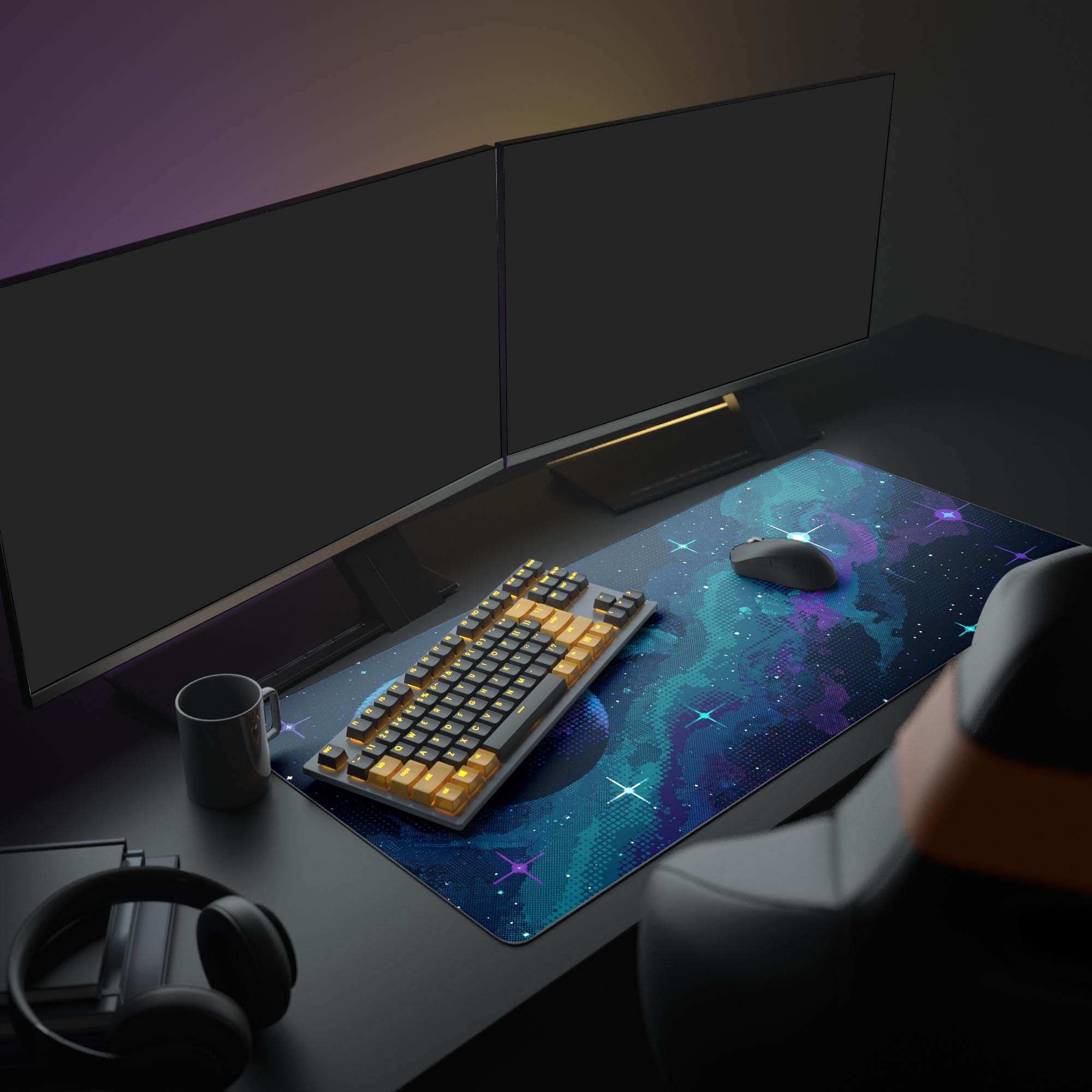 A complete retro gaming setup featuring the 8-Bit Cosmos mouse pad, with a glowing keyboard, white mouse, and a large monitor displaying a blank screen. - Epic Design Pads & Mousepads