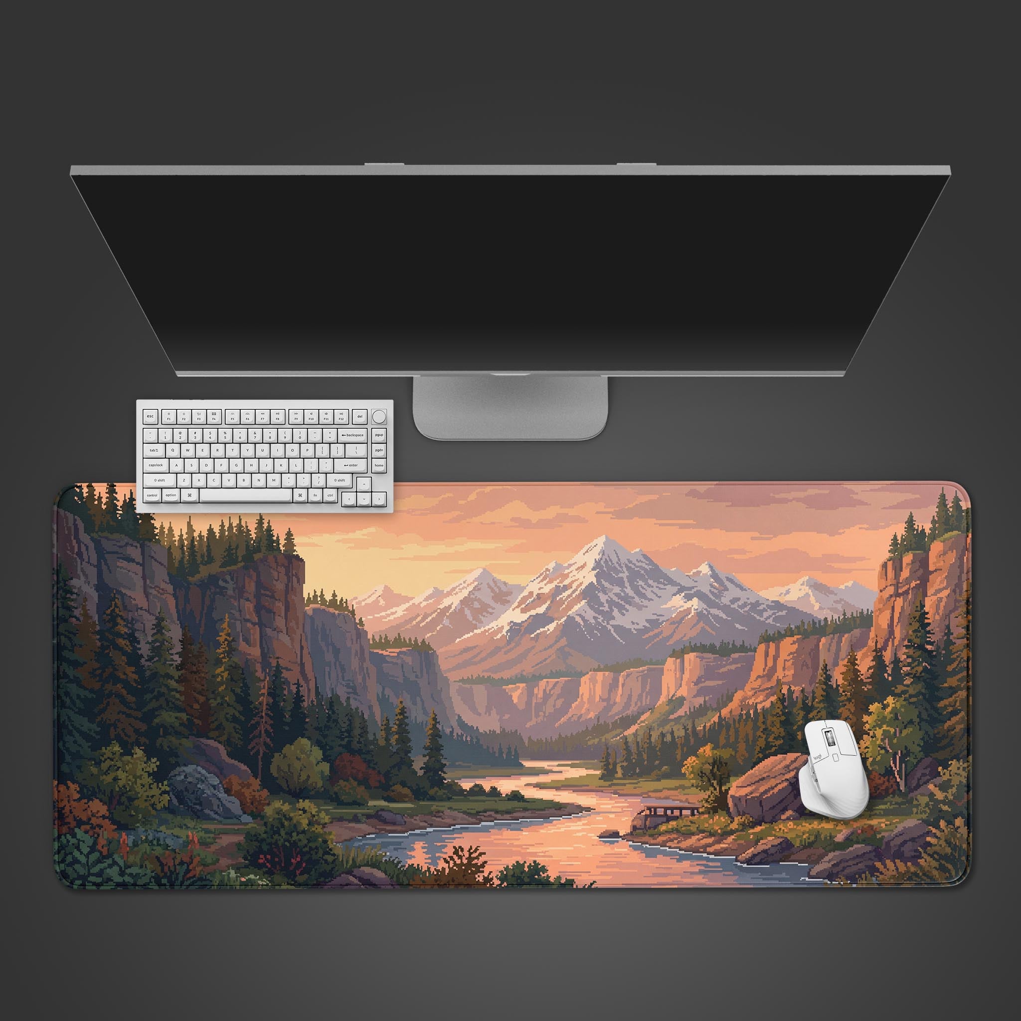 Top-down view of the 8-Bit Horizon pixel art gaming desk mat, shown with a white keyboard and mouse on a dark background. - Epic Design Pads & Mousepads