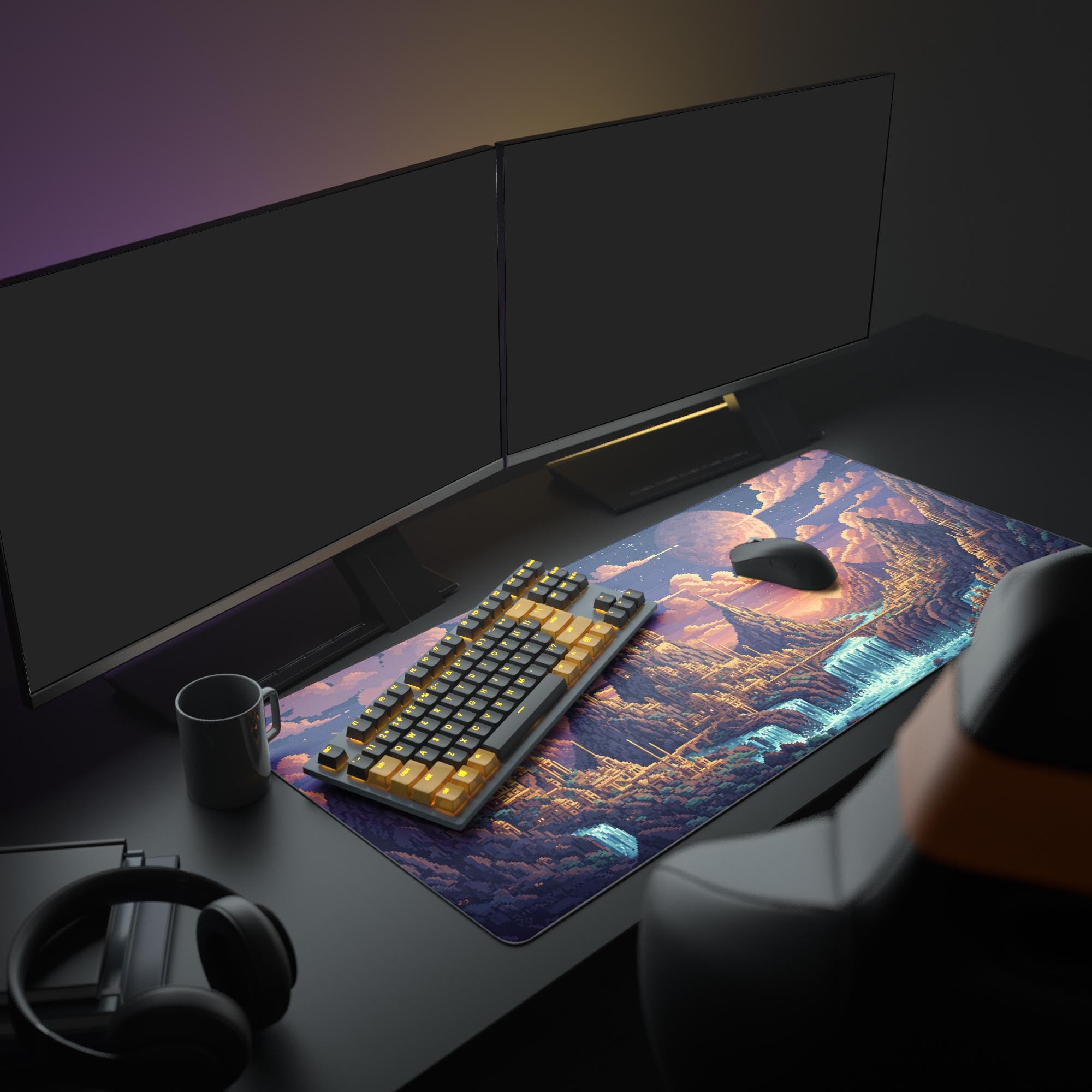 Large 8-Bit Kingdom gaming desk mat shown in a nostalgic gamer setup with dual monitors, headphones, and a mechanical keyboard. - Epic Design Pads & Mousepads