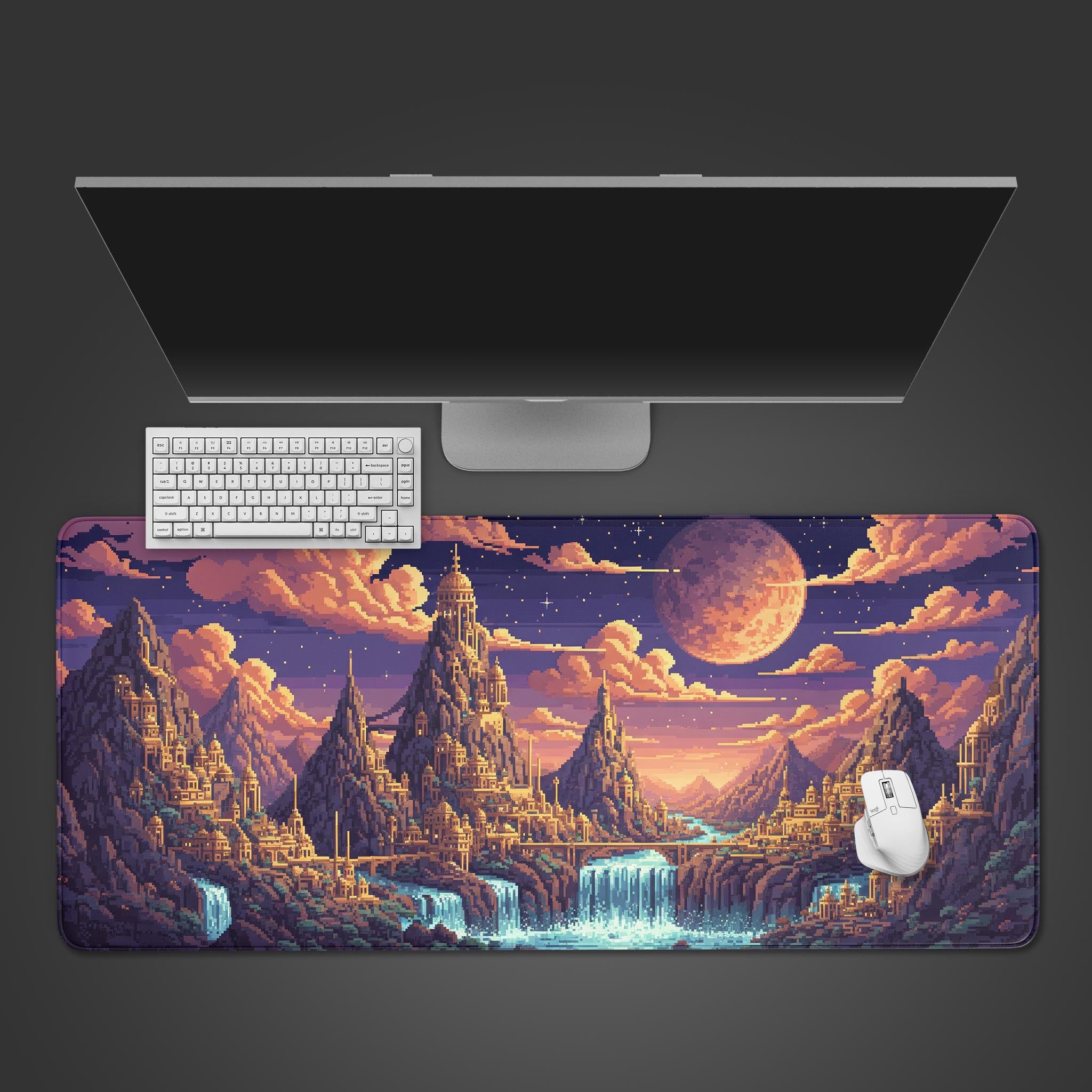 8-Bit Kingdom pixel art desk mat with a retro RPG castle design. Top-down view on a desk with a gaming keyboard and mouse. - Epic Design Pads & Mousepads