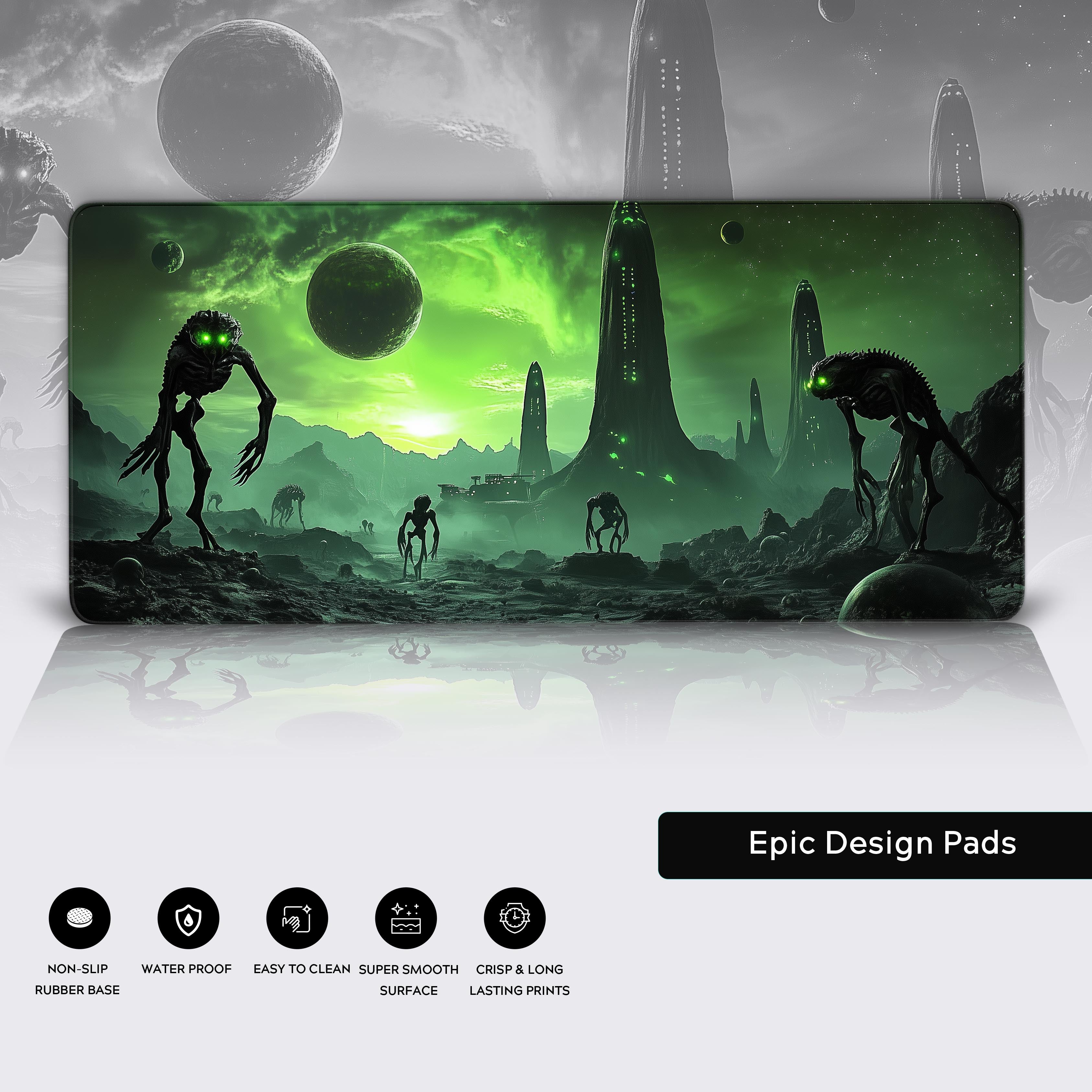 An alien world with a glowing green sky illuminated by distant planets and stars, eerie alien creatures with glowing green eyes roam a barren, rocky landscape. In the distance, towering alien spires rise from the ground, surrounded by mysterious spacecraft and shadowy silhouettes of humanoid explorers. The scene captures a blend of science fiction and fantasy, with vibrant cosmic lighting, detailed alien biology, and a sense of otherworldly adventure. Highly detailed and cinematic, with a focus on a dark