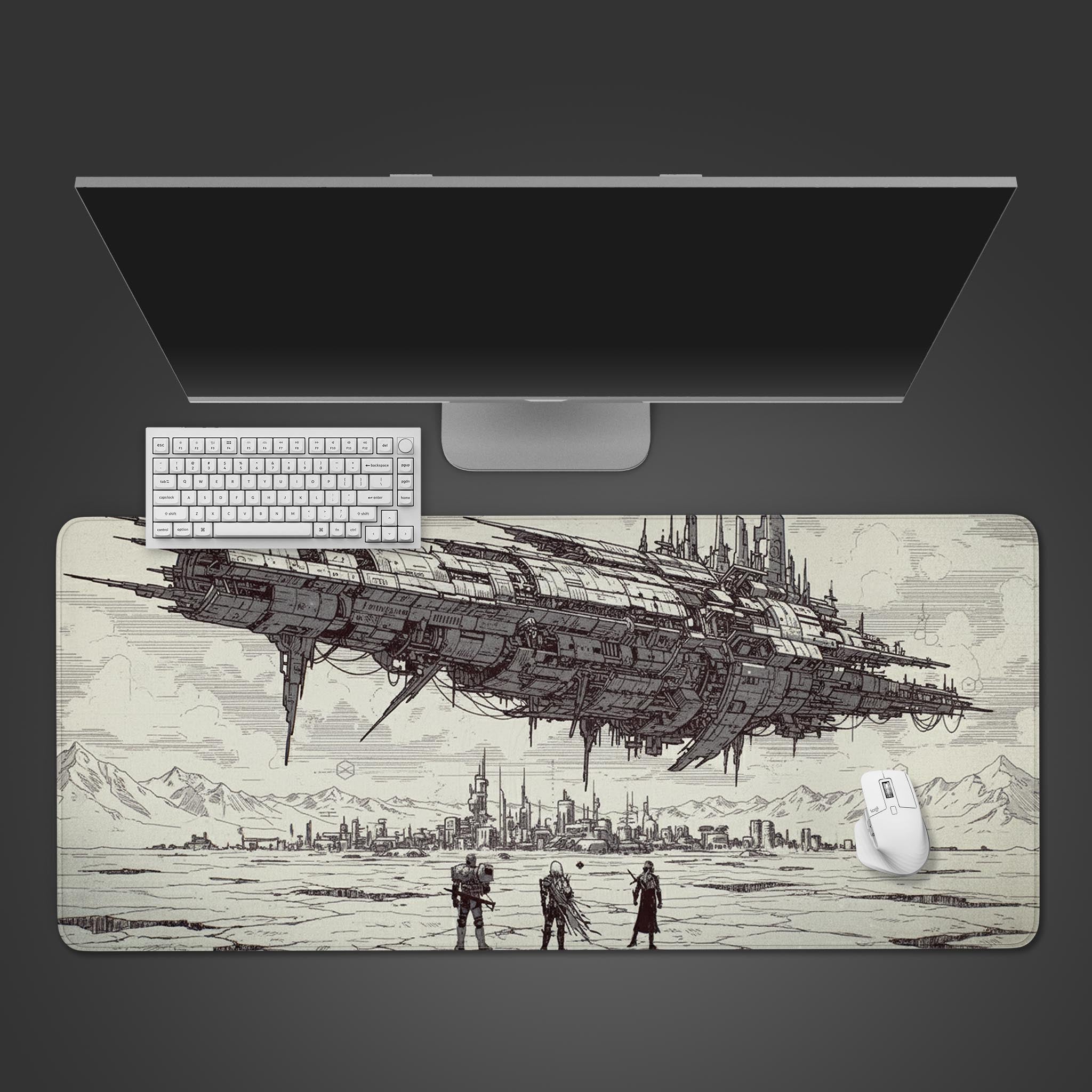 Guardian’s Horizon gaming desk mat with Destiny 2 sci-fi design – desktop view with a keyboard and white gaming mouse.
